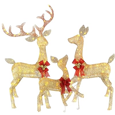 5ft Lighted Christmas Reindeer Decor Outdoor, 3Pcs Handmade Deer Set with 240 LEDs, Plug and Play, Durable Metal Frame, Weatherproof Plush Fabric for Home Yard Garden Lawn Decorations, Gold