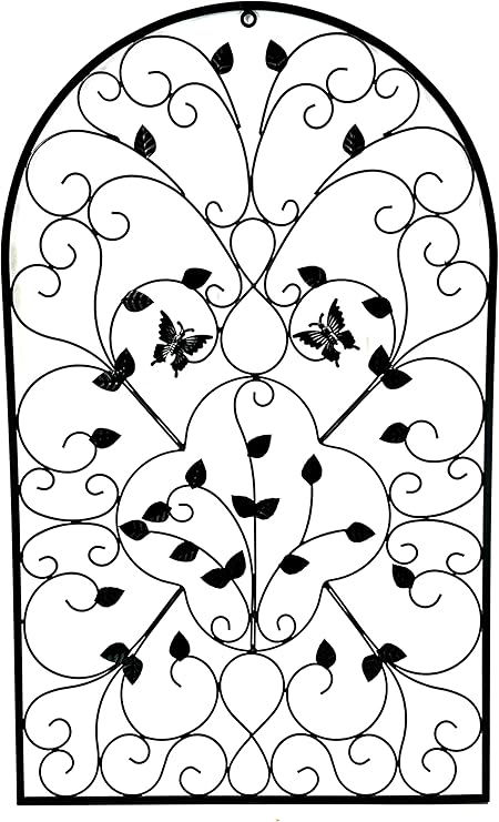 Bellaa 23196 Metal Wall Art 3D Wrought Iron Sculpture Spanish Arch 31 inch Victorian Unique Design Outdoor Garden Plaque Butterfly Scroll Boho Farmhouse Cottage Lodge Country Home Decor Medallion