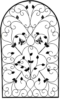 Bellaa 23196 Metal Wall Art 3D Wrought Iron Sculpture Spanish Arch 31 inch Victorian Unique Design Outdoor Garden Plaque Butterfly Scroll Boho Farmhouse Cottage Lodge Country Home Decor Medallion