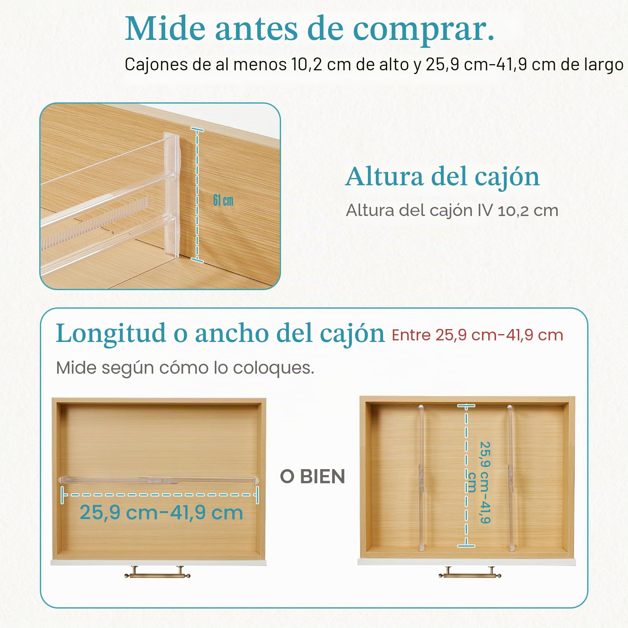 Vtopmart 8 separadores de cajones, separadores de cajones ajustables (26,8 – 43,1 cm), divisores transparentes para cajones, organizador, tocador, cuarto de baño