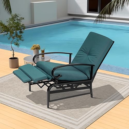 Patiomore - Silla de salón ajustable para patio, sillón reclinable de metal automático, con cojines extraíbles, color azul