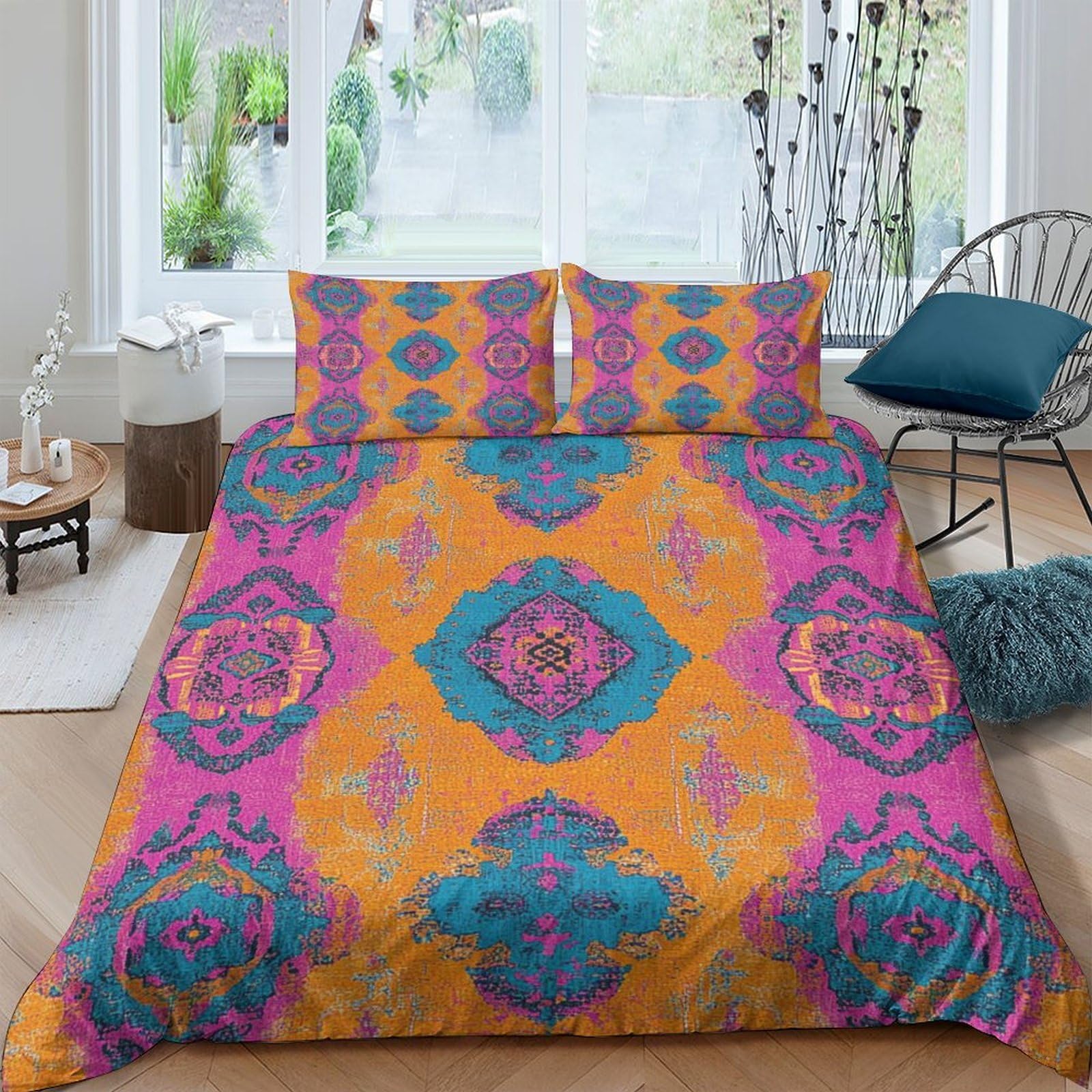 Ctjqhvkz Style-1 3D Printed Boho Mandala Fitted Sheet Microfiber Orange Pink Ethnic Pattern Mattress Cover Anti-Slip Easy Care For Bedroom Dorm Decor Single（135X200cm）