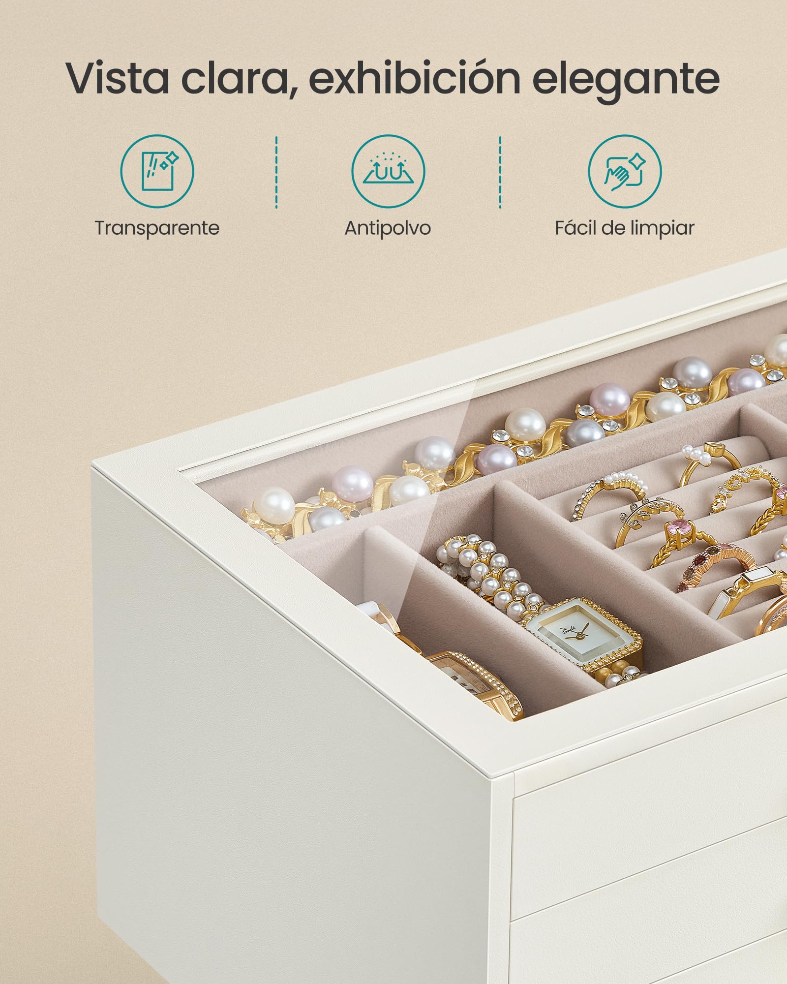 SONGMICS Caja de Joyas, Organizador de Joyería de 3 Niveles, con Ventana de Vidrio, 3 Cajones, Gran Capacidad, Tiradores Dorados, Idea de Regalo, 16 x 24 x 12,5 cm, Blanco Crema JBC206WD01