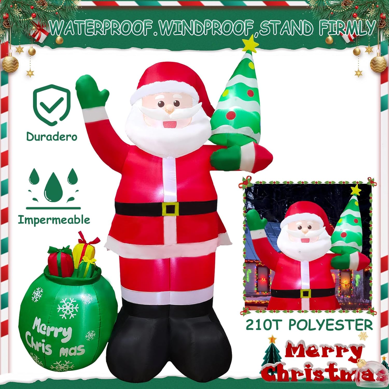 8FT Christmas Inflatables Santa Claus with Christmas Tree ＆ Gift Bag Christmas Blow up Decoration with Built-in 6 LED Lights Large Xmas Blow up Santa Claus for Yard Party, Xmas New Year Kids Gifts - Image 3