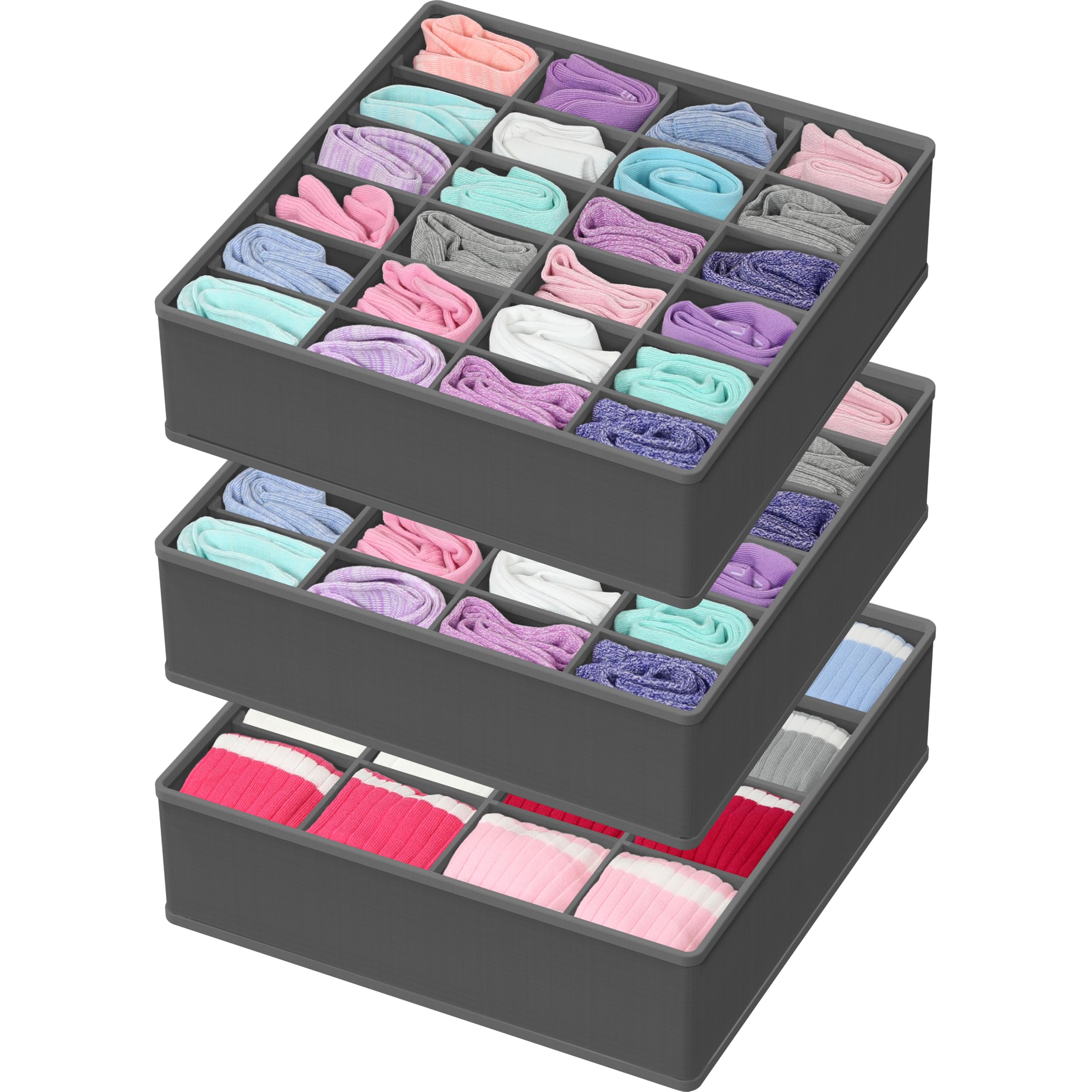 Simple Houseware3 Pack - Socks Underwear Drawer Organizer (24+24+16 cells), Dark Grey