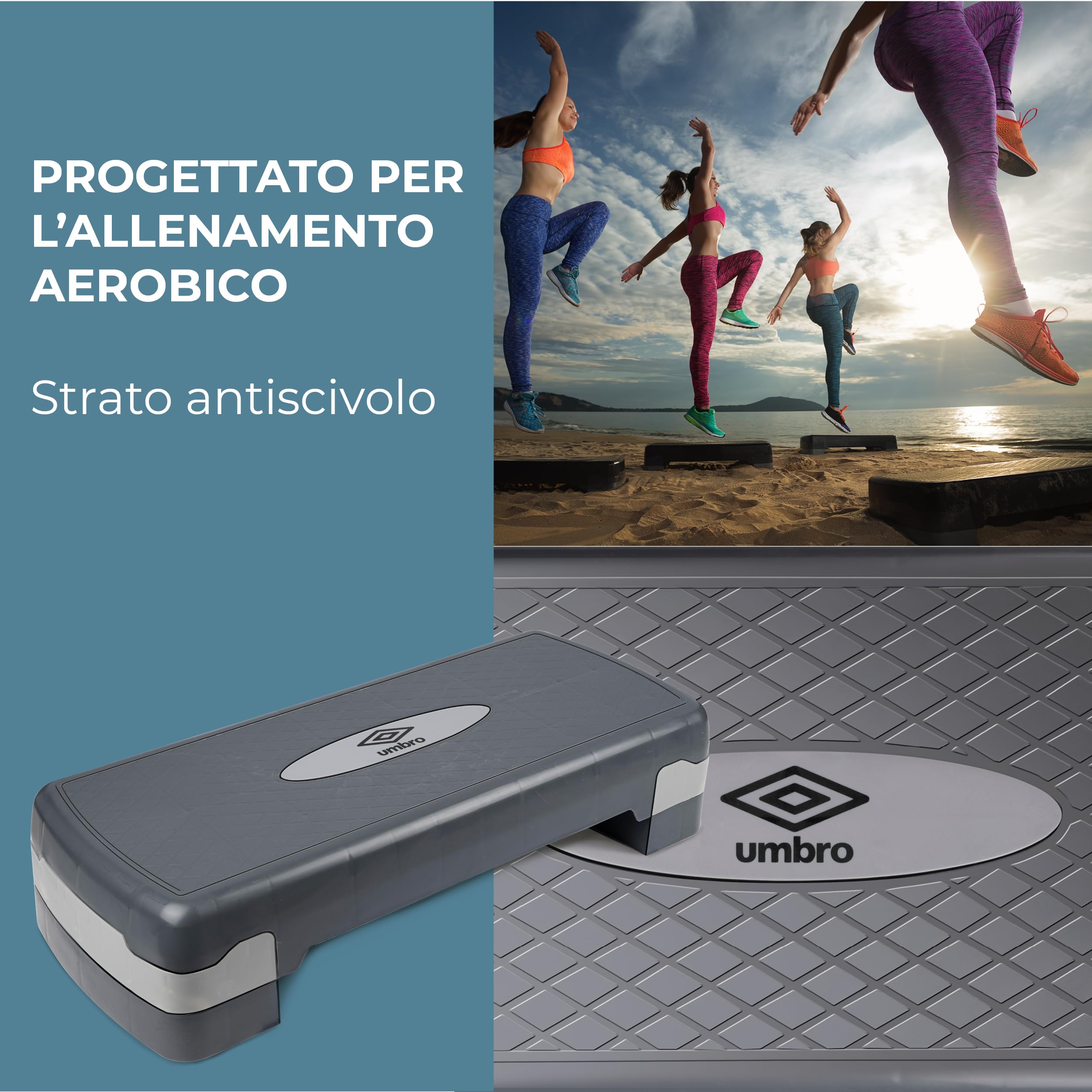 Umbro Step Fitness - Stepper Fitness Casa Regolabile in Altezza 10-15 cm - Step Pedana con Strato Antiscivolo - Mezzo Gradino - Piattaforma Step Aerobica - Grigio