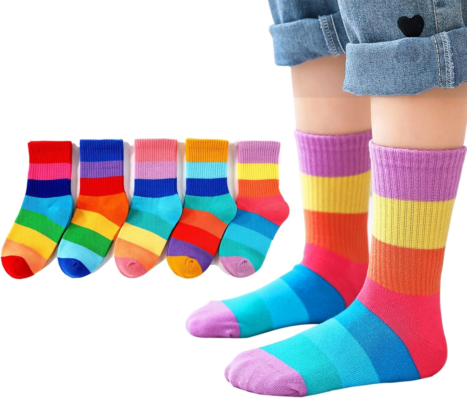 Girls Seamless Socks Rainbow Stripes Cotton Socks Kids Casual Athletic Socks For School