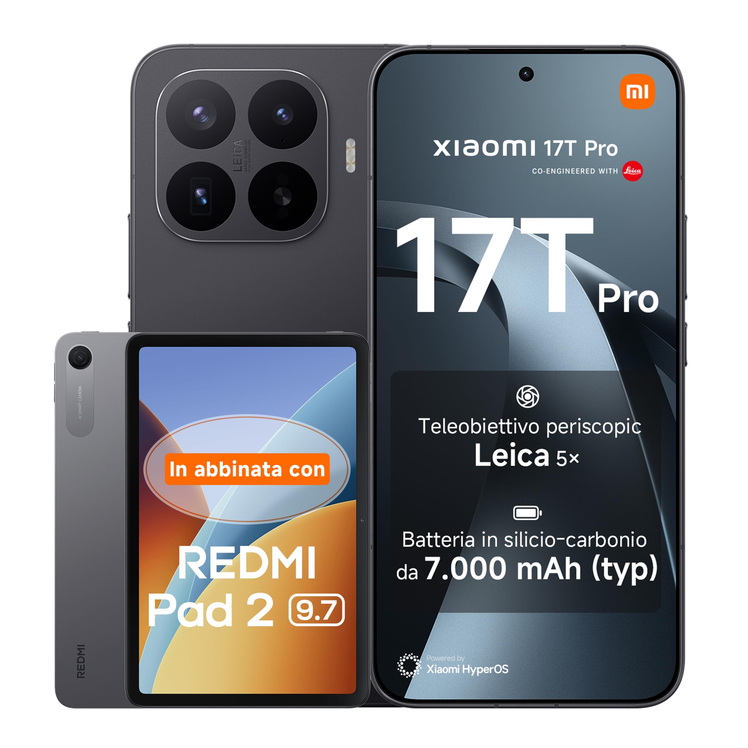 Xiaomi 17T Pro, Smartphone 12+256GB, Display Eye-Care 6,83" 144Hz,Batteria Silicio-carbonio da 7000mAh (typ), Teleobiettivo Leica 5x, 100W HyperCharge, Black, Garanzia 3 anni+REDMI Pad 2 9.7' 64GB