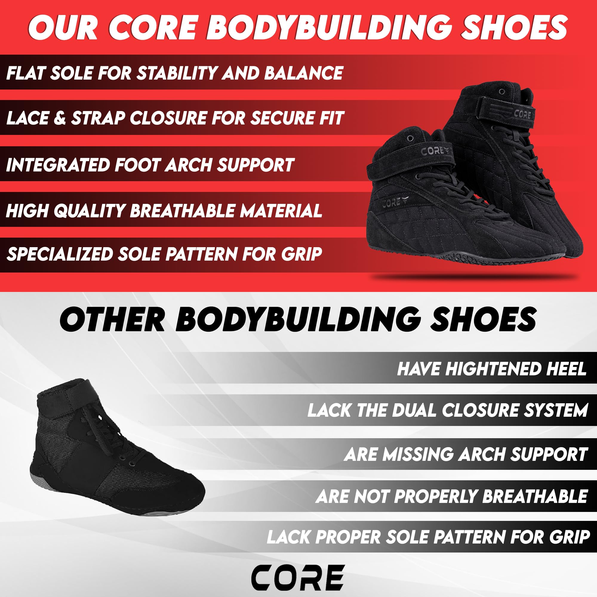Core Zapatillas de Culturismo - Zapatillas de Halterofilia para Sentadillas, Levantamiento de Potencia, Peso Muerto y Entrenamiento en el Gimnasio - para Hombres y Mujeres - con Suela Plana