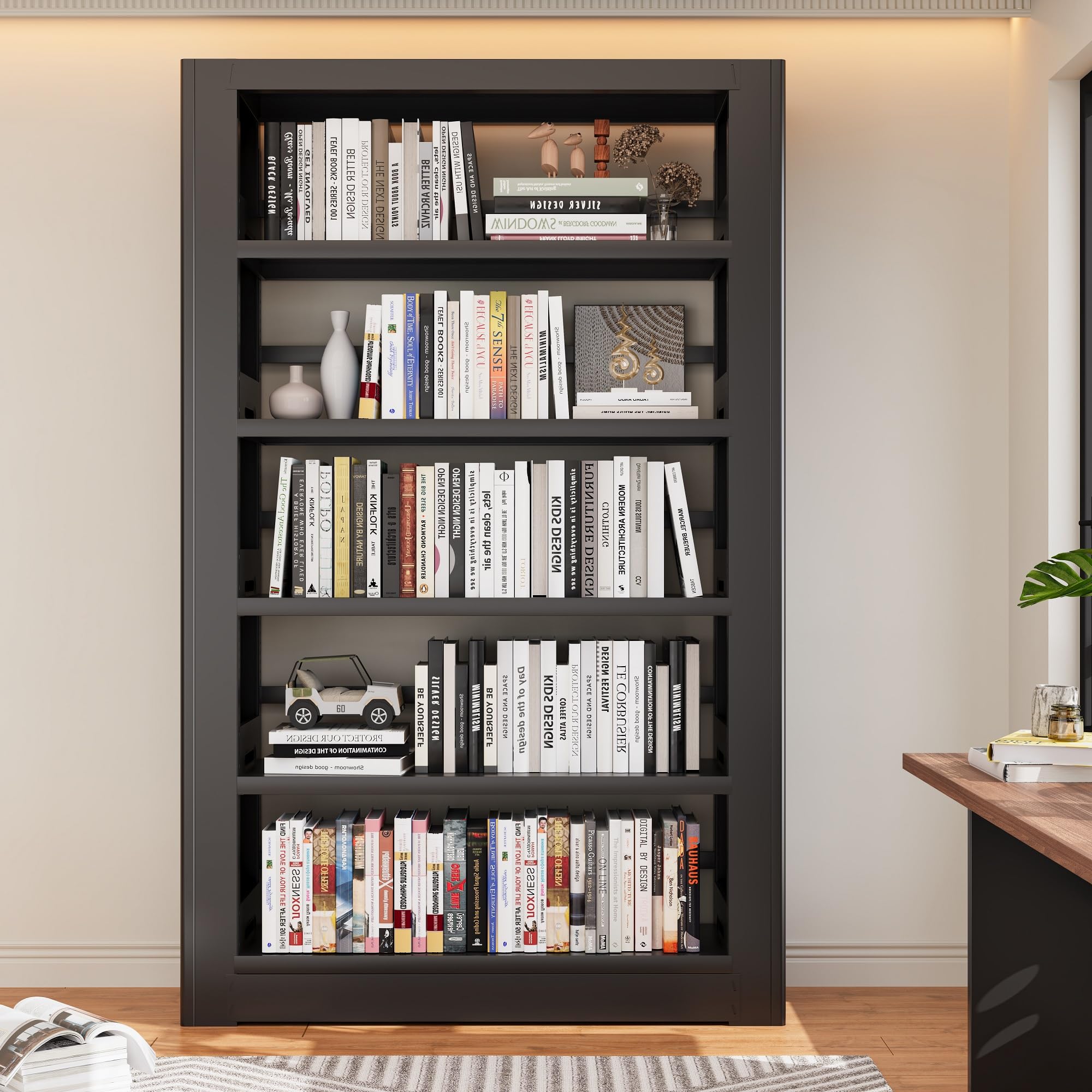 Metal Bookshelf,69" Tall Wide Industrial Bookshelf,5-Tier Sturdy Bookcase with Adjustable Shelves,Heavy Duty Strong open bookshelf,Black Bookcase with