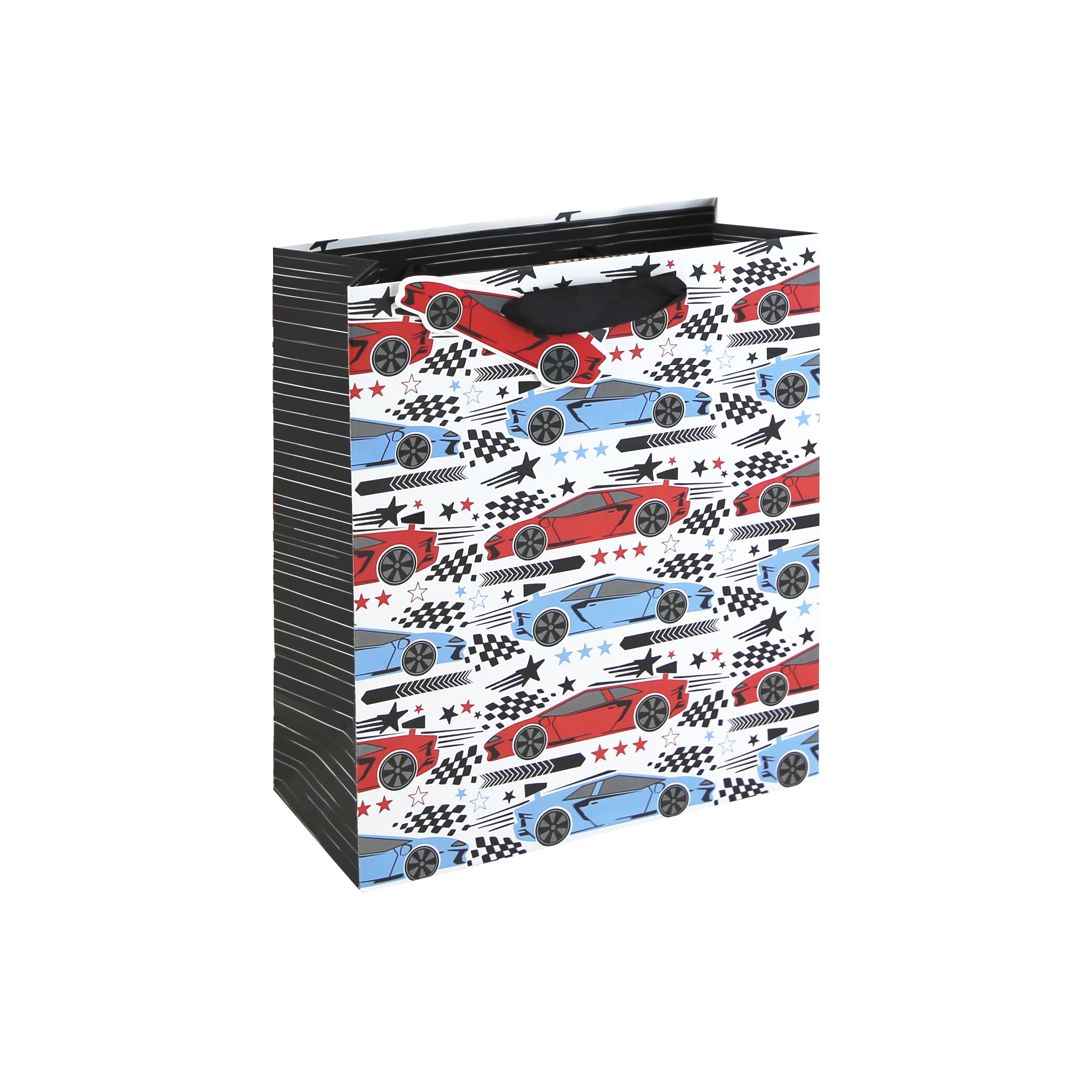 Eurowrap Racing Car Medium Gift Bags Pack of 6 – Sports Car Present Bags with Spot UV Finish, Black & White Chequered Inside Print, Grosgrain Ribbon Handles & Tags – Birthday Gift Packaging