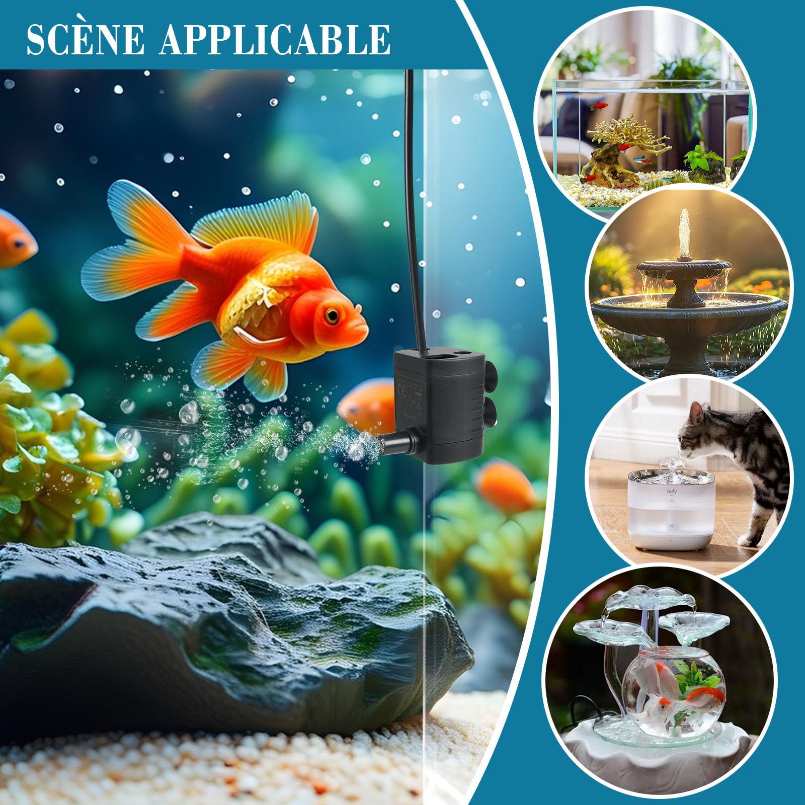 Mini Pompe a eau (200L/H Réglable, 1-3W) Ultra Silencieuse Pompe Aquarium avec 1,5 m USB-câble, Pompe Fontaine a eau chat pour Aquarium, Hydroponique, Étang Fontaine