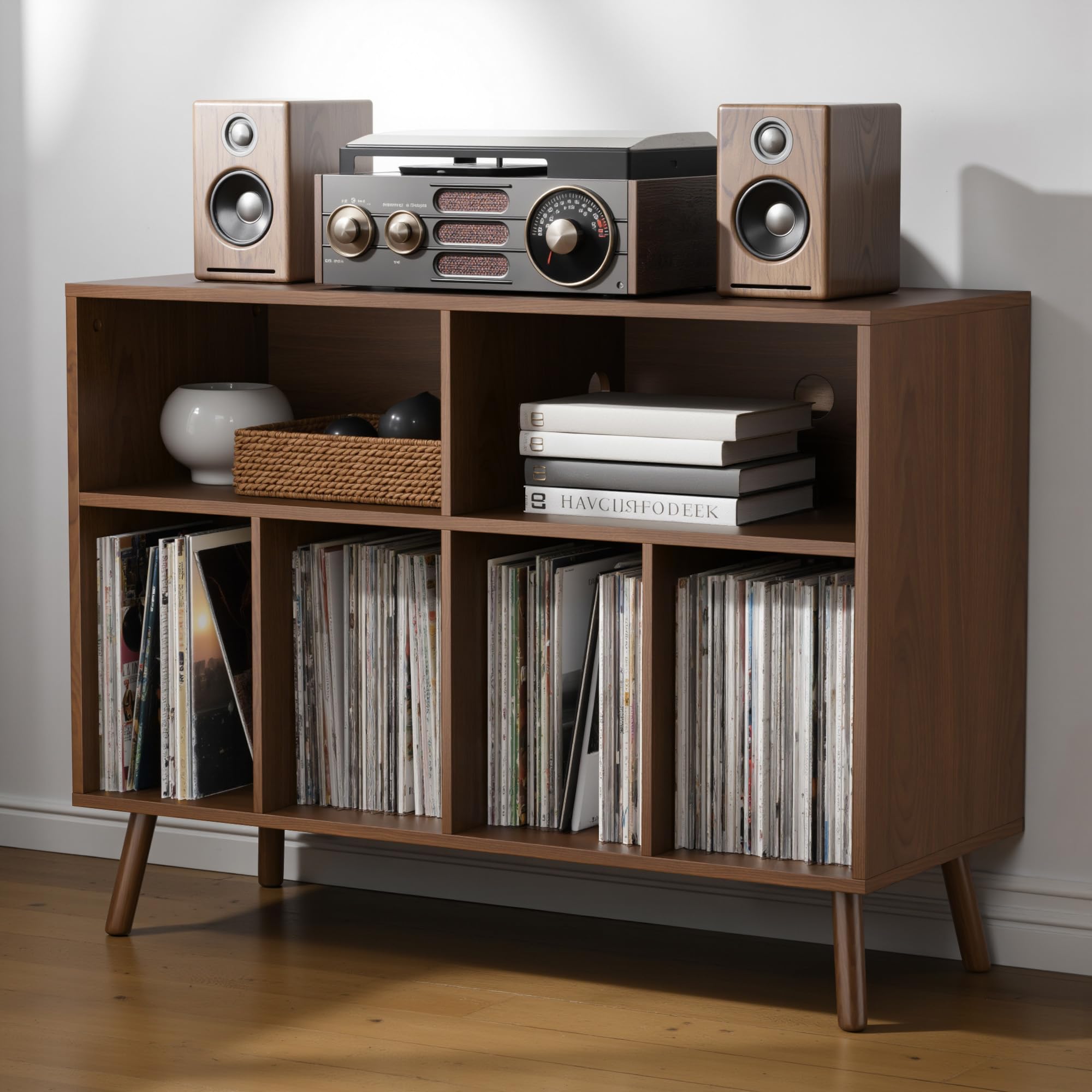 Plattenspieler-Ständer mit Schallplattenaufbewahrung, Vinyl-Plattenregal mit Präsentationsfläche, Schallplattenständer für bis zu 350 Alben, Musikzimmer und Wohnzimmer (Braun)