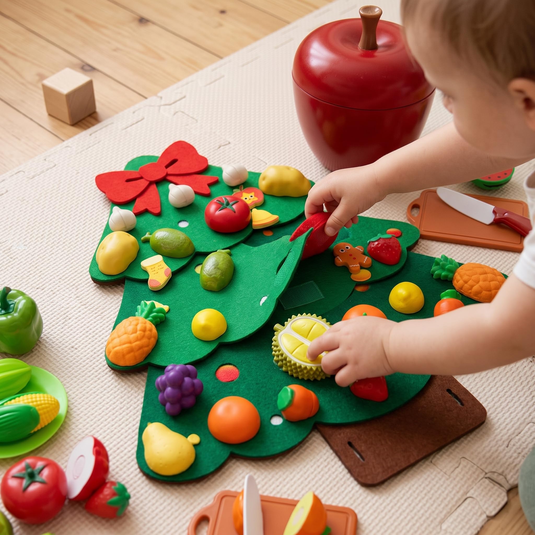 Filz Busyboard für s und, Pädagogisches Lernspielzeug und tafel, mit Obstmotiv, Grüner großer Weihnachtsbaum + 32 Apfel-Eimer-Schneidespielzeuge, 75 * 60 cm