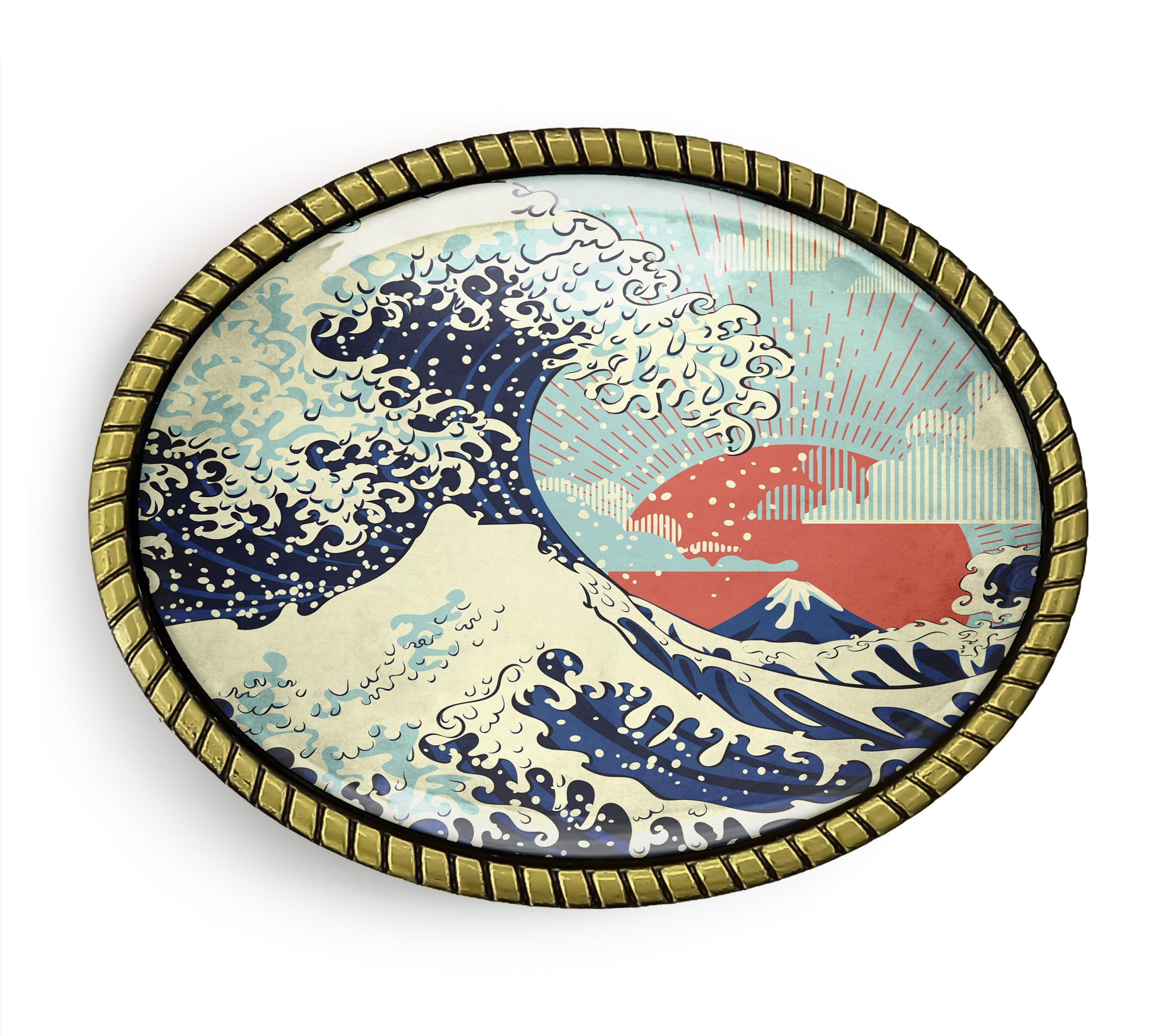 Tsunami Belt Buckle - Stylized Japanese Art Handmade Oval Buckle - 503 (Antique Gold)