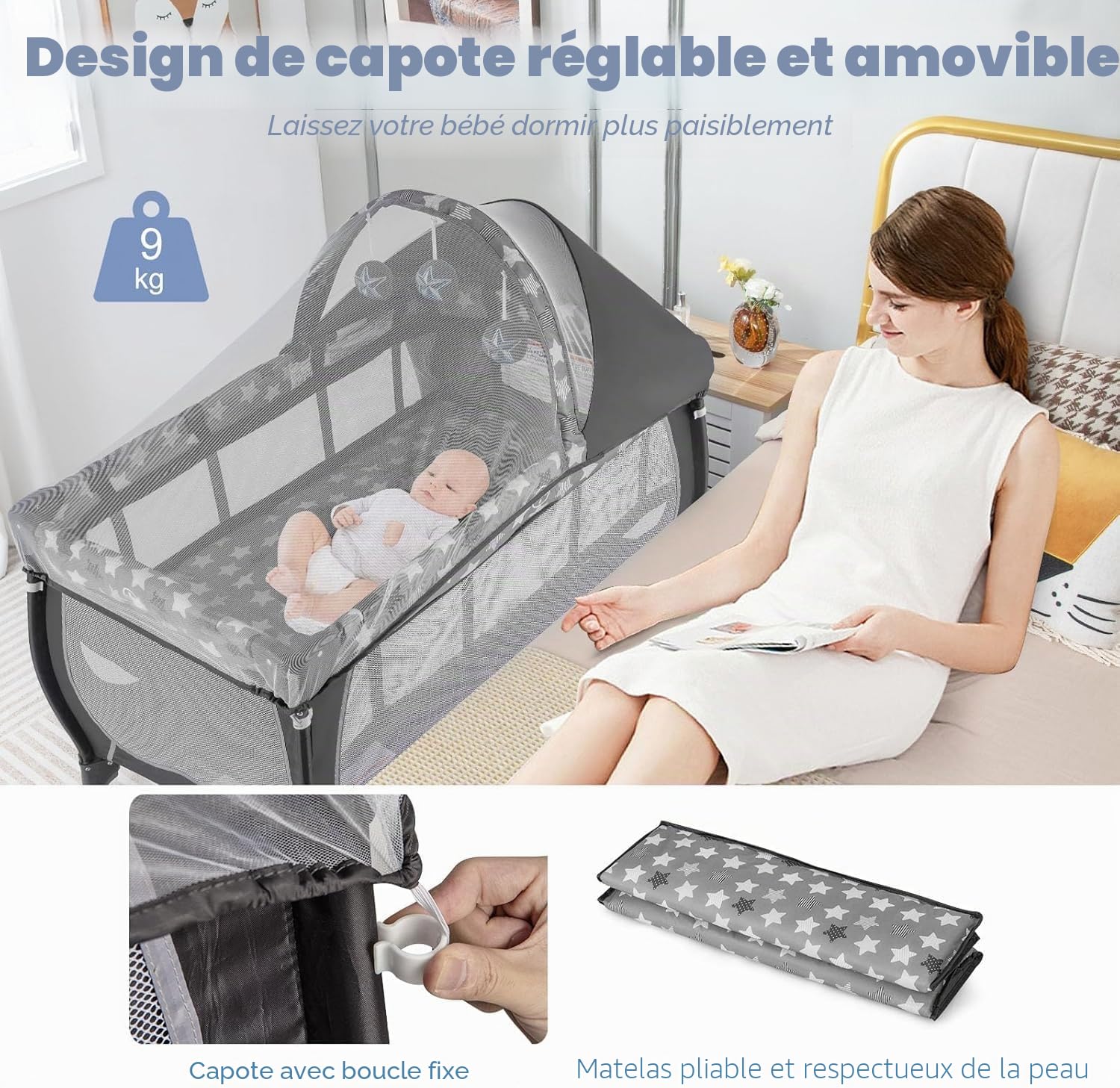 FANTASK Lit bébé 4 en 1, Arche de Jeu et boîte à Musique, Landau avec roulettes, Sac de Transport, lit d'appoint Portable avec Matelas Pliable, Table à Langer, baldaquin, pour bébé jusqu'à 36 Mois