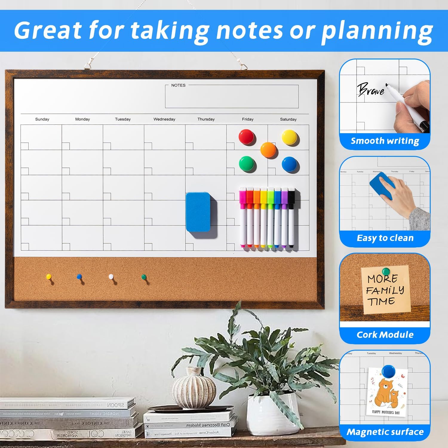 Dry Erase Calendar Whiteboard, 24" x 18" Magnetic Whiteboard Cork Board Combo, Reusable Monthly Planner with 8 Markers, Eraser, Magnets and Pushpins, Hanging Dry Erase Board for Home, School - Brown