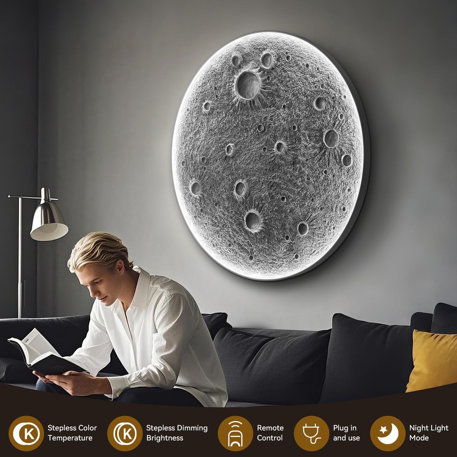 32-Inch Realistic Resin Moon Wall Lamp with Dual Brightness LED - Plug-in Dimmable Wall Light Fixture Remote Control — view 5