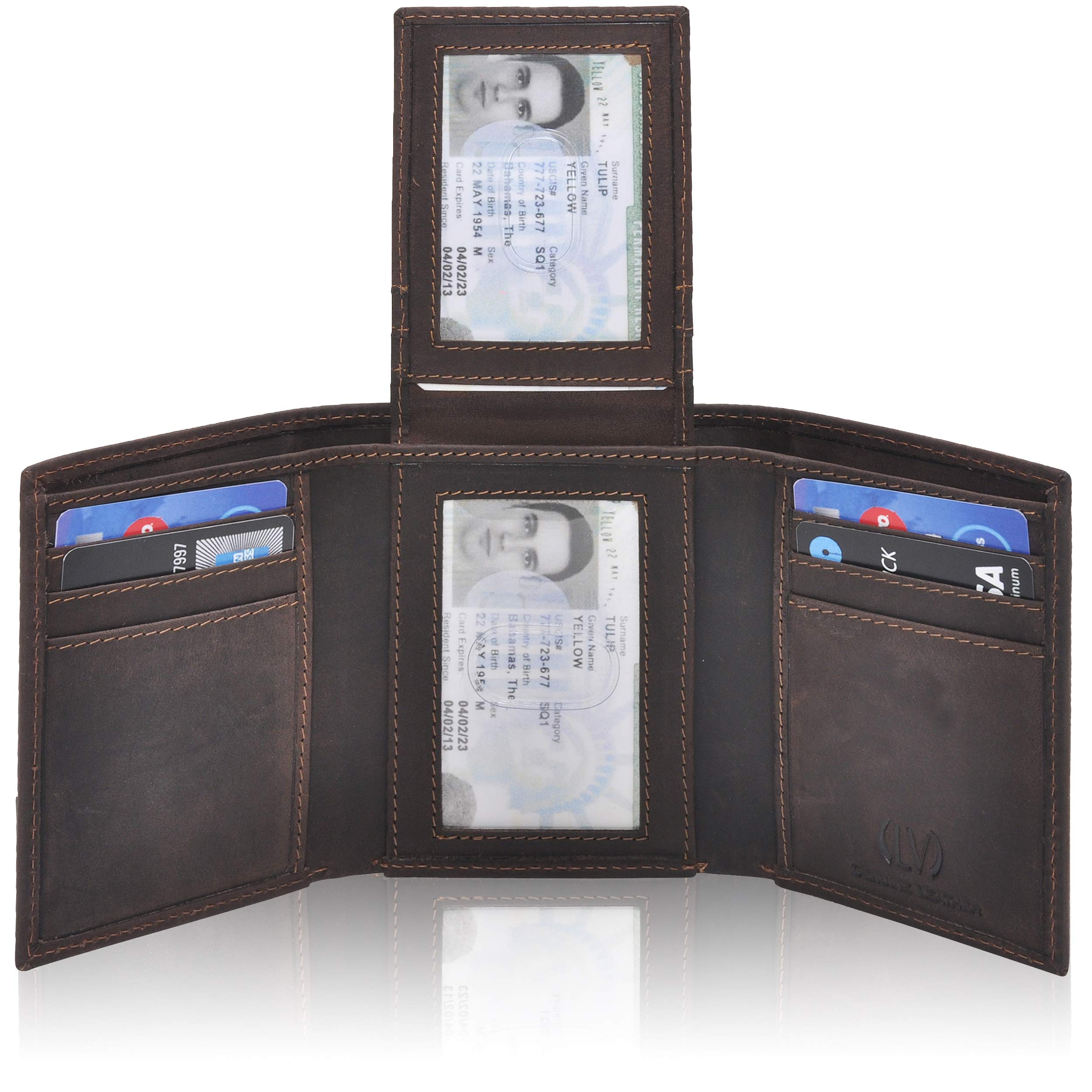 VALENCHI Genuine Leather Mens RFID Blocking Slim Trifold Wallet with Middle Flap 9 Cards+ 2 ID Window + 2 Note Compartments.