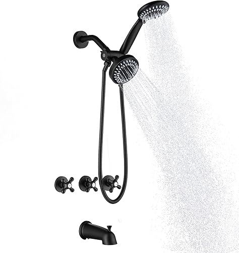 Miniatura 10 de BY3H003 - Juego de grifo de ducha de 3 manijas con boquilla de bañera, color negro mate para bañera y ducha, grifos de ducha completos, BY3H003