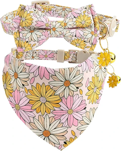 Faygarsle 2 Pack Floral Cat Collar Set with Bandana and Bow Tie, Pink and Yellow Daisy Pattern, Breakaway Safety Buckle