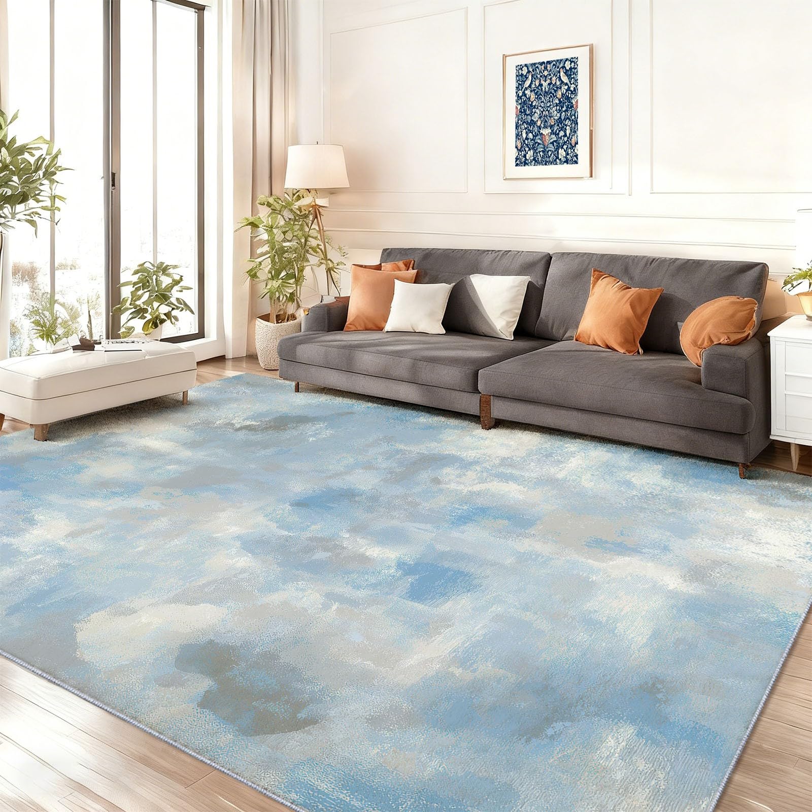 Tapis artistique abstrait bleu moderne aux finitions douces