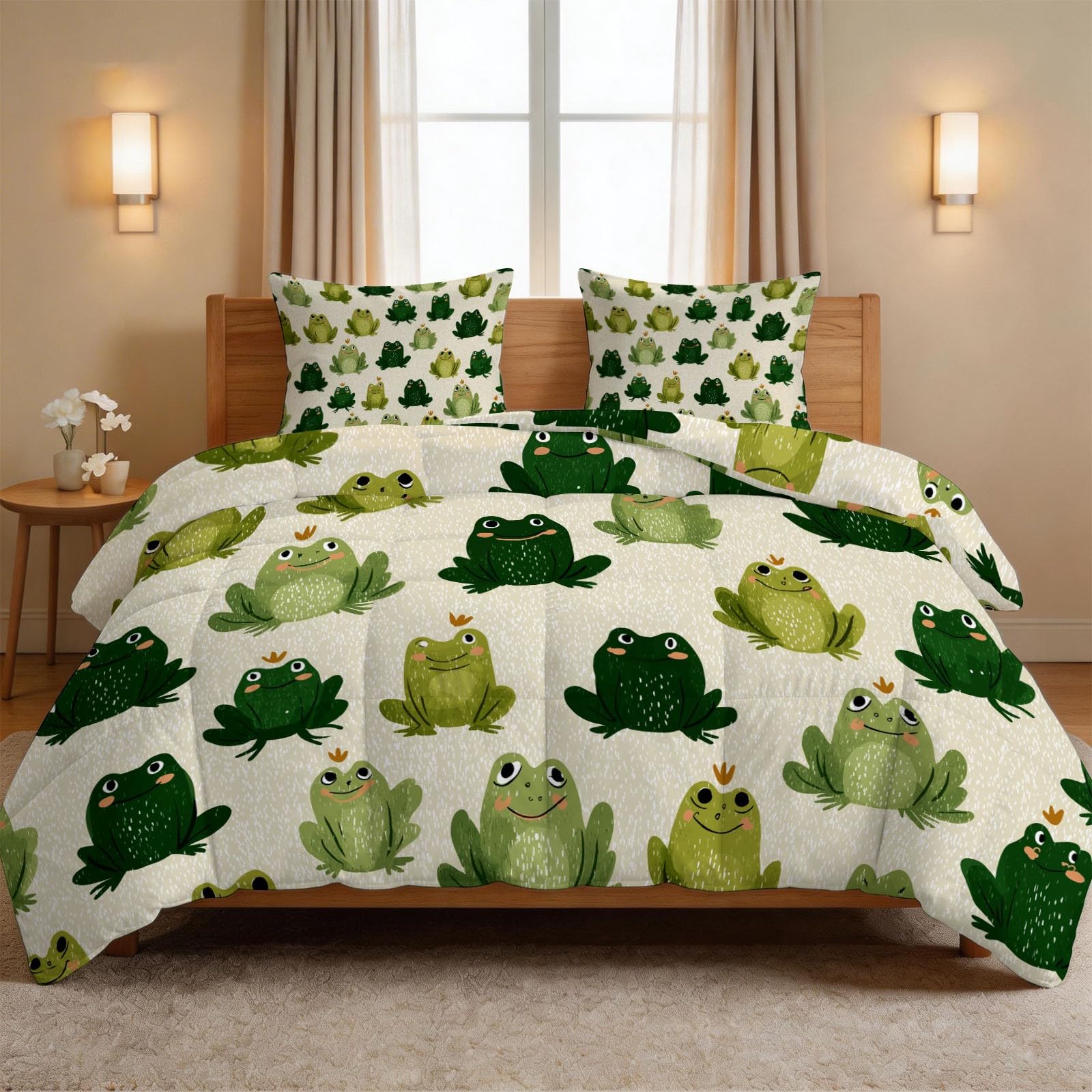 Bettdecke 200 x 220 cm 4 Jahreszeiten Cartoon Tiere Wende Steppdecke, Warme & Weiche Ganzjahresdecke Grün Frosch Krone ohne Bezug - Waschbar Schlafdecke mit 2 Kissenbezüge, für Kinderzimmer