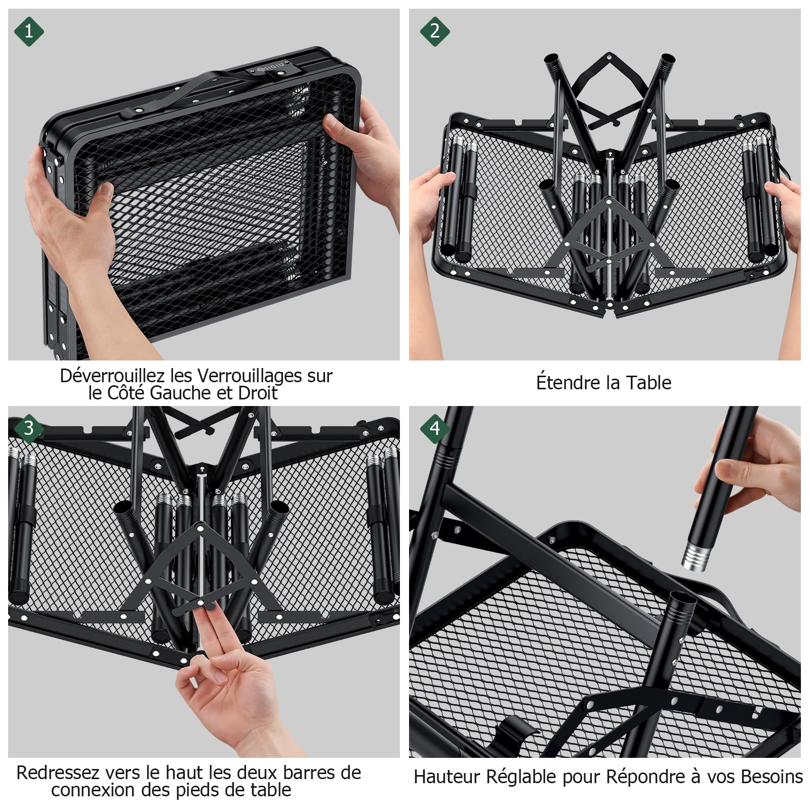 JiGiU Table de Camping Pliante 60x40x24,5/47,7/71 cm, 3 Hauteurs Réglables | Structure X Stable, Plateau en Grille Métallique, Table de Pique-Nique Portable pour Jardin, Terrasse, BBQ- Noir