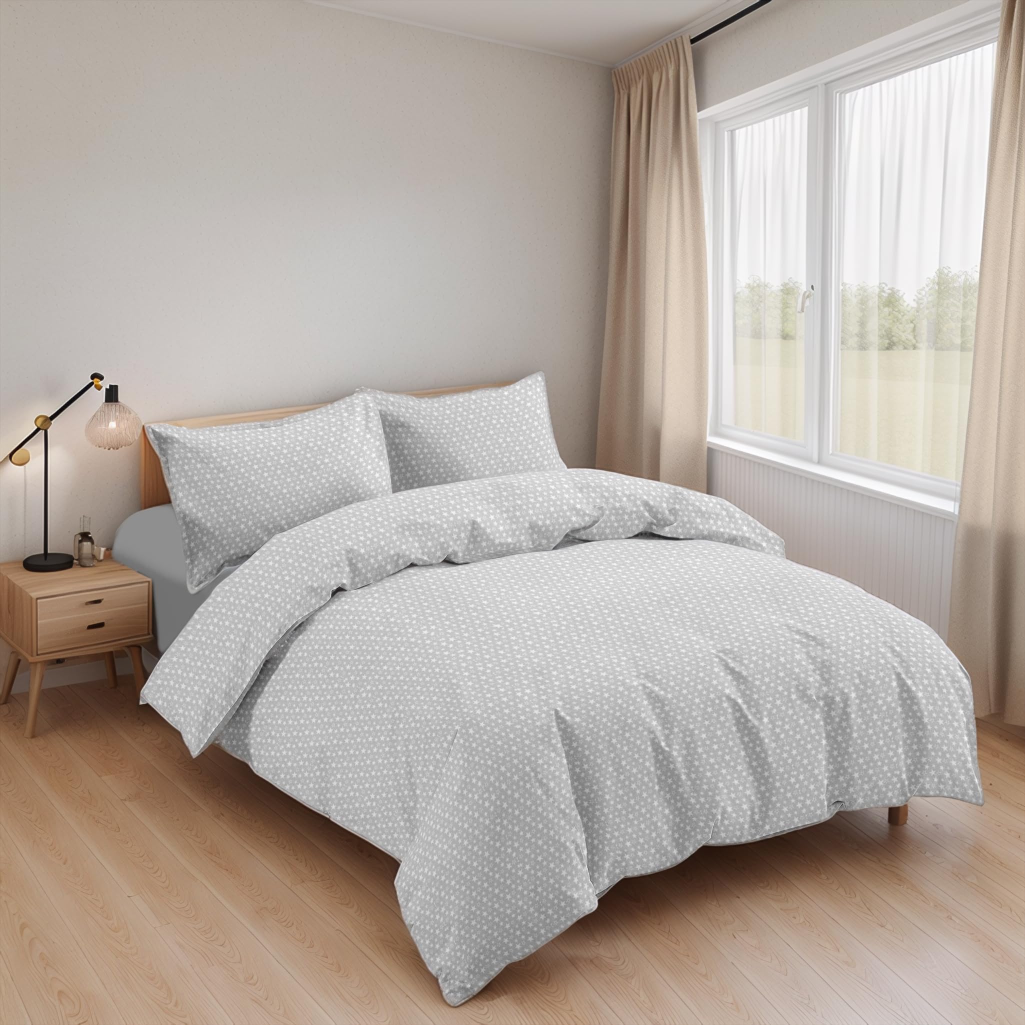 Juego de Funda Nórdica 3 Piezas Cama 90 Microfibra Suave Transpirable - 1 Funda Edredón 150x220 cm, 1 Bajera 90x200+28 cm y 1 Funda Almohada 50x110 cm (Estrella Blanca)