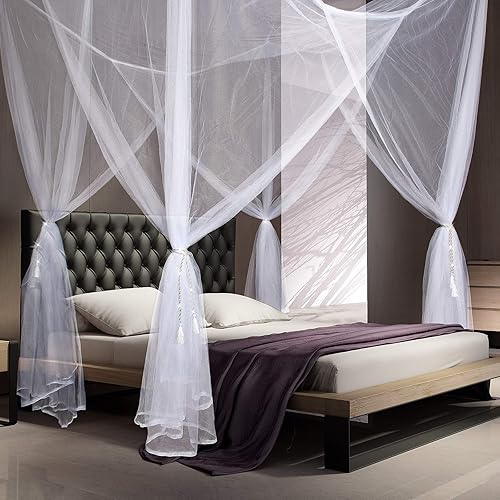 4 Corner Post Mosquito Net Canopy Bed Curtains Large Mosquito Netting Bedroom Princess Decoration Canopy Curtains with 4 Pieces Tassel Hanging Pendants for Full Queen King Size Bed(White)