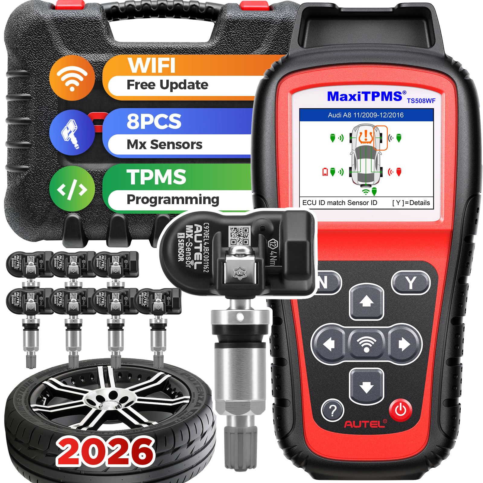 Autel MaxiTPMS TS508WF Kit 2026, TPMS Programming Tool with 8PCS 315 433MHz Sensors (209$), WiFi Ver. of TS508 TS501 Pro TS408s, Relearn/Activate All TPMS Sensor, TPMS Reset, Lifetime Free Update