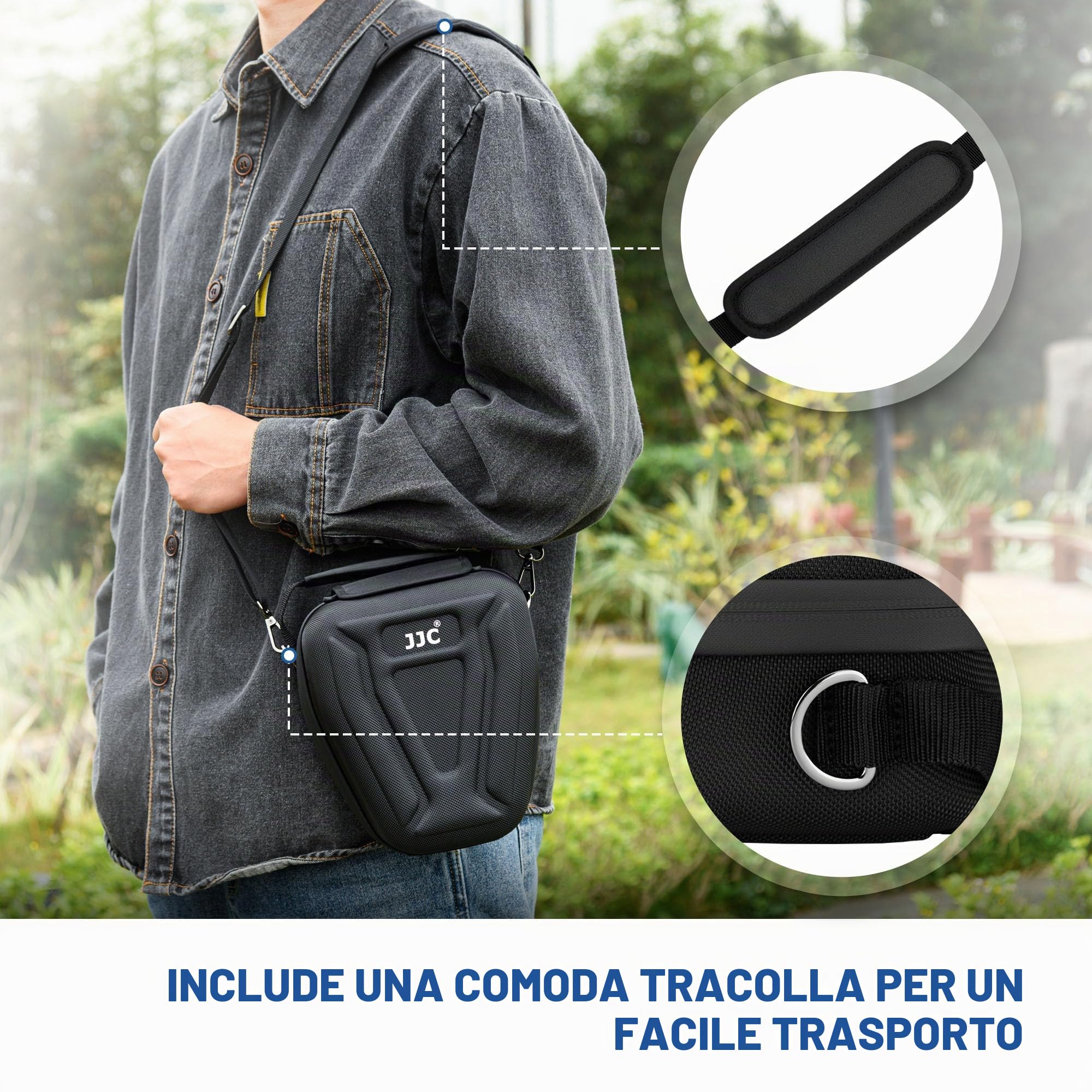 JJC Custodia rigida antiurto per fotocamera, accesso rapido, chiusura con cerniera, per Nikon Canon, Sony, Olympus e altri, con interno imbottito, manico in gomma, tasca con patta in velcro, Nero,