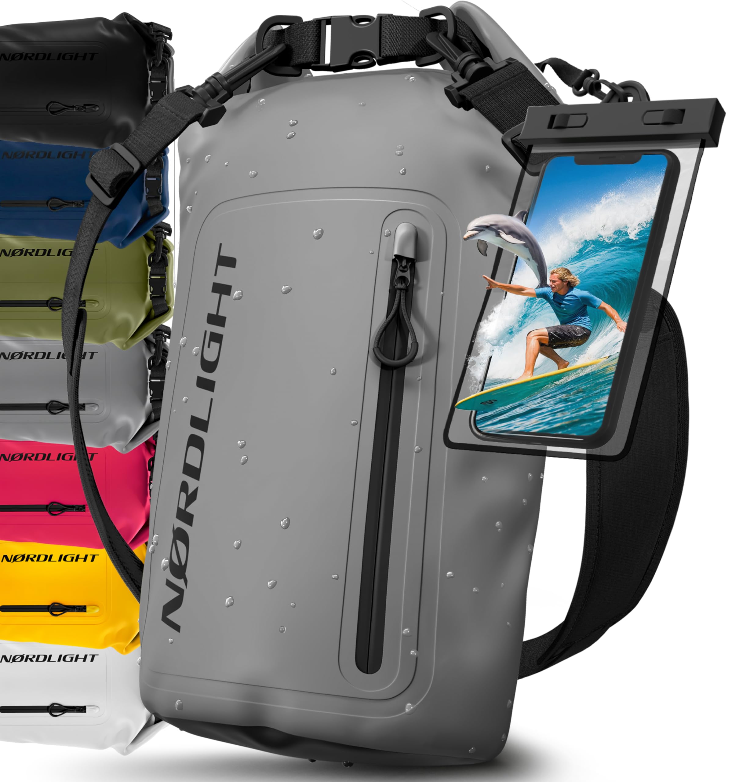 Nordlight Dry Bag wasserdichte Tasche mit Handyhülle + Roll-Top, Schultergurt | Drybag wasserfester Rucksack Beutel Packsack Seesack Wassersack Wetbag | Baden Schwimmen Strand SUP – Grau, 30 Liter