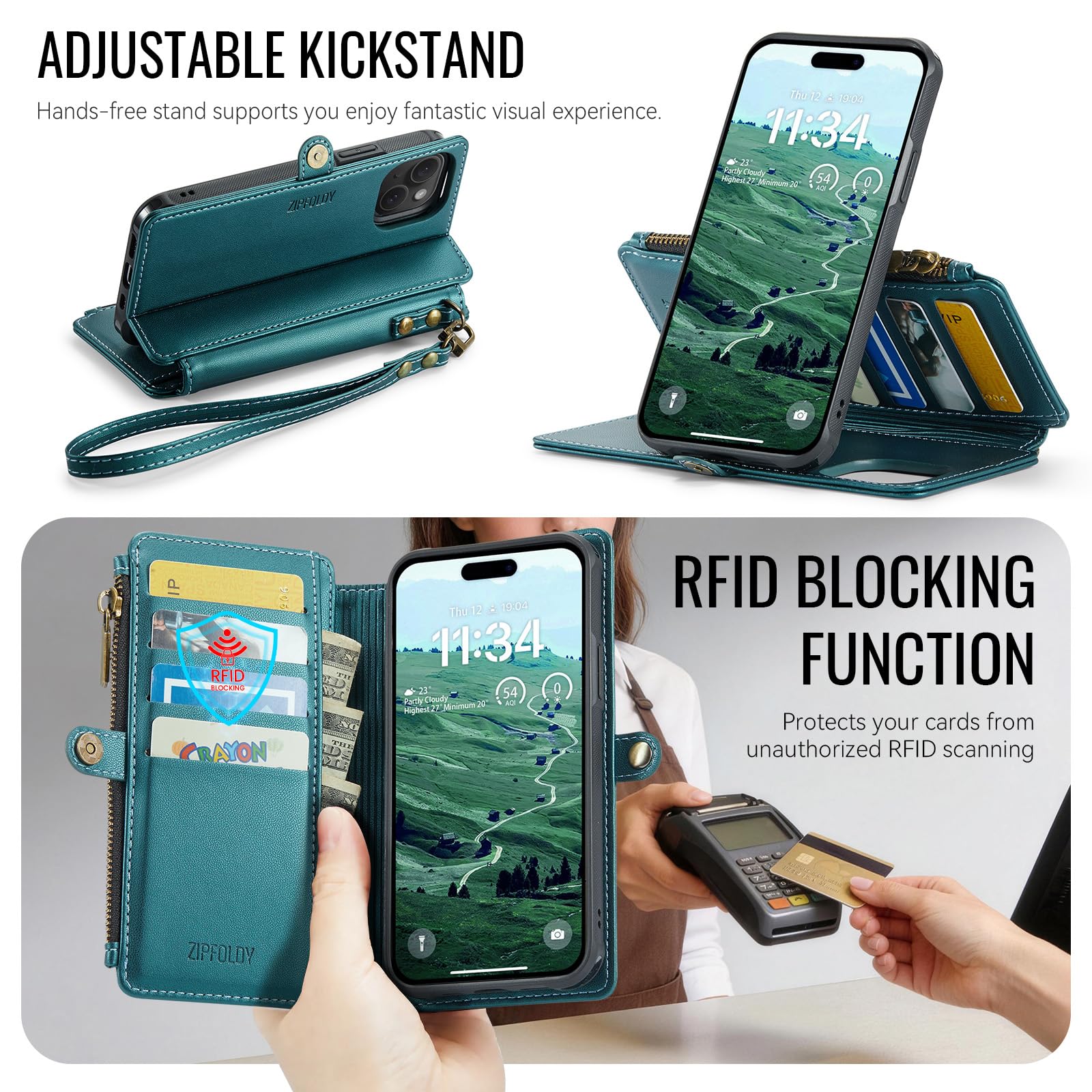 per iPhone 15 - Custodia a portafoglio magnetica staccabile | Compatibile con Magsafe, porta carte di credito con blocco RFID, tasca con cerniera, cinturino da polso