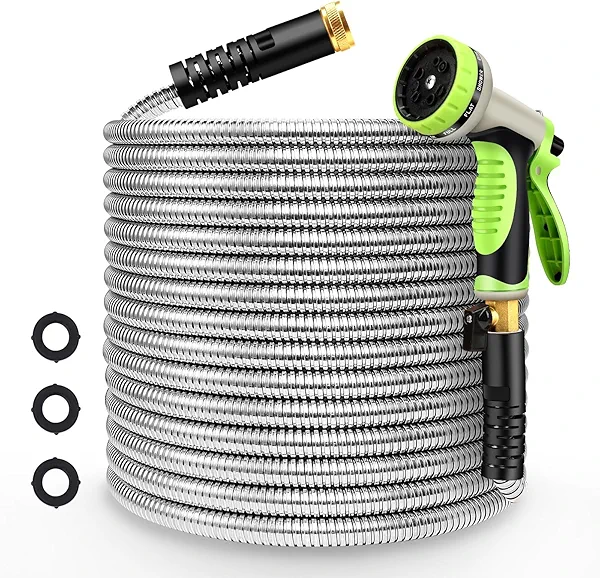 Takuvan Metal Garden Hose 100ft Flexible Water Hose Stainless Steel Heavy Duty Lightweight Durable Strong Kink Free Extra Long Hose Pipe with 10 Way Nozzle for Outdoor Outside Lawn Yard