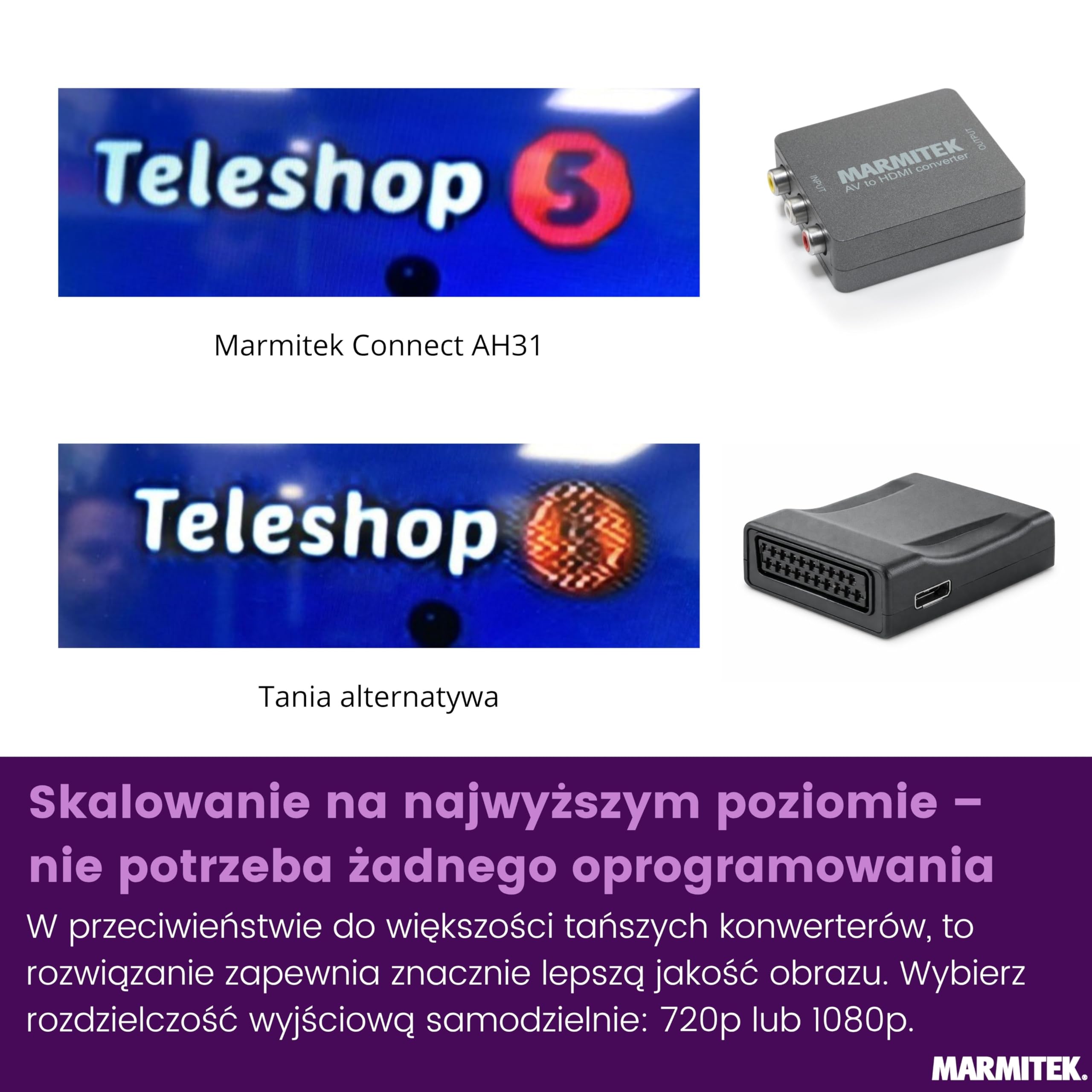 Marmitek Connect AH31 - Konwerter SCART na HDMI RCA AV 1080p | Adapter SCART/RCA AV na HDMI do TV i projektora, 720p/1080p, magnetowid, DVD i stare konsole
