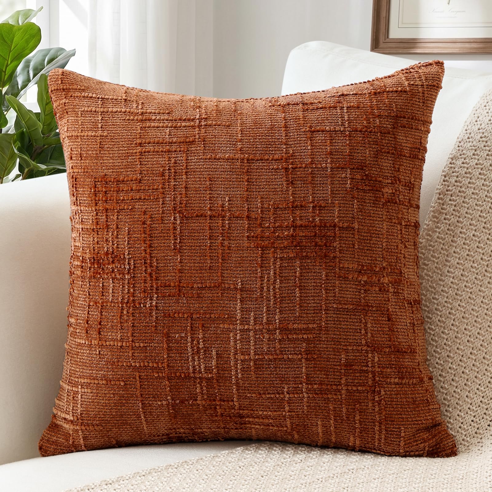 Sungeek Chenille Textured Cushion Cover 60x60cm, Farmhouse Solid Dyed Throw Pillow Case Cover, Decorative Square Cushion Case for Home Decor Couch Sofa Bed Living Room, Rust โ image 1