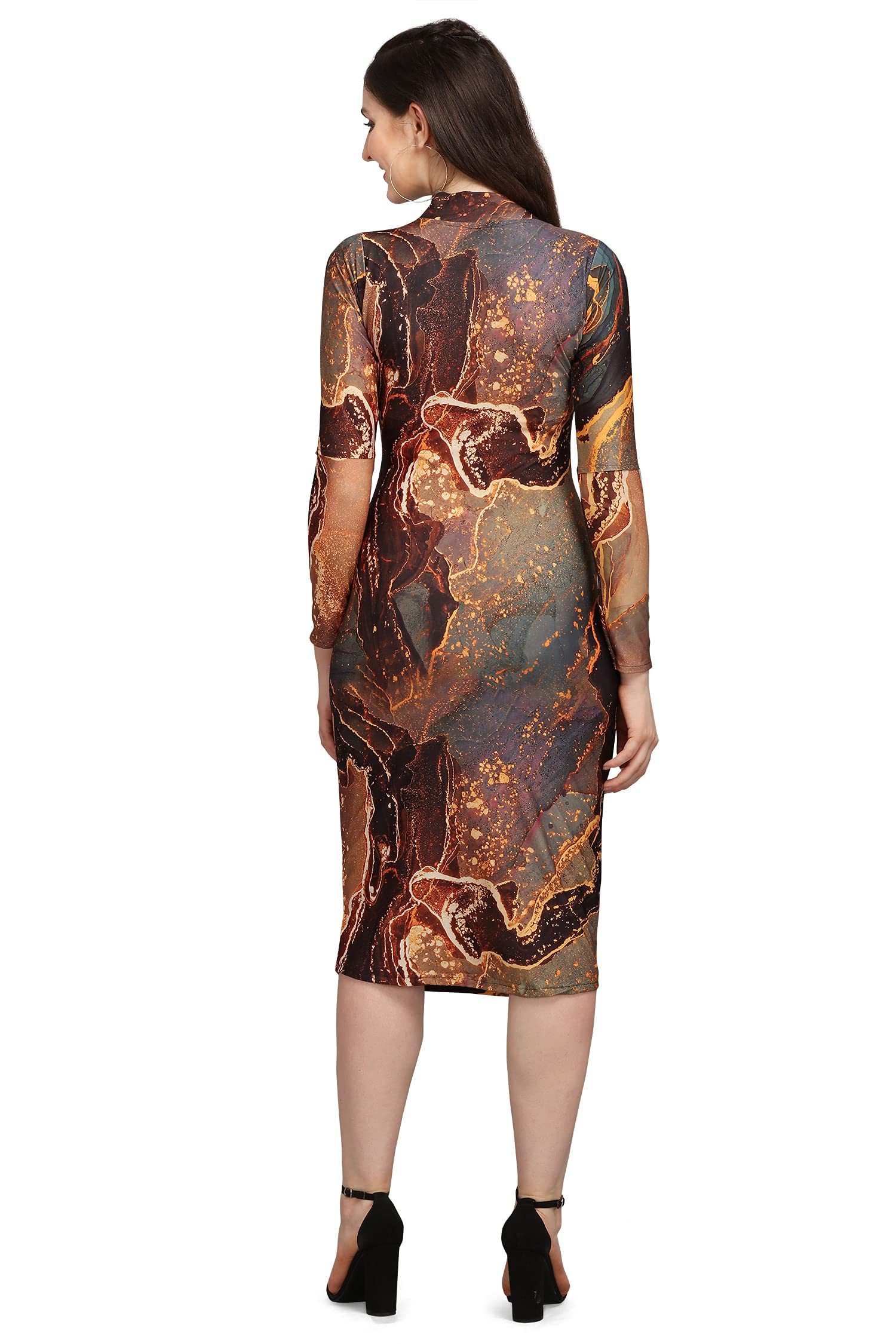 Purvaja Women's Polyester Blend Bodycon Knee Length Cocktail Dress (Siri-Turtle-Brown-M