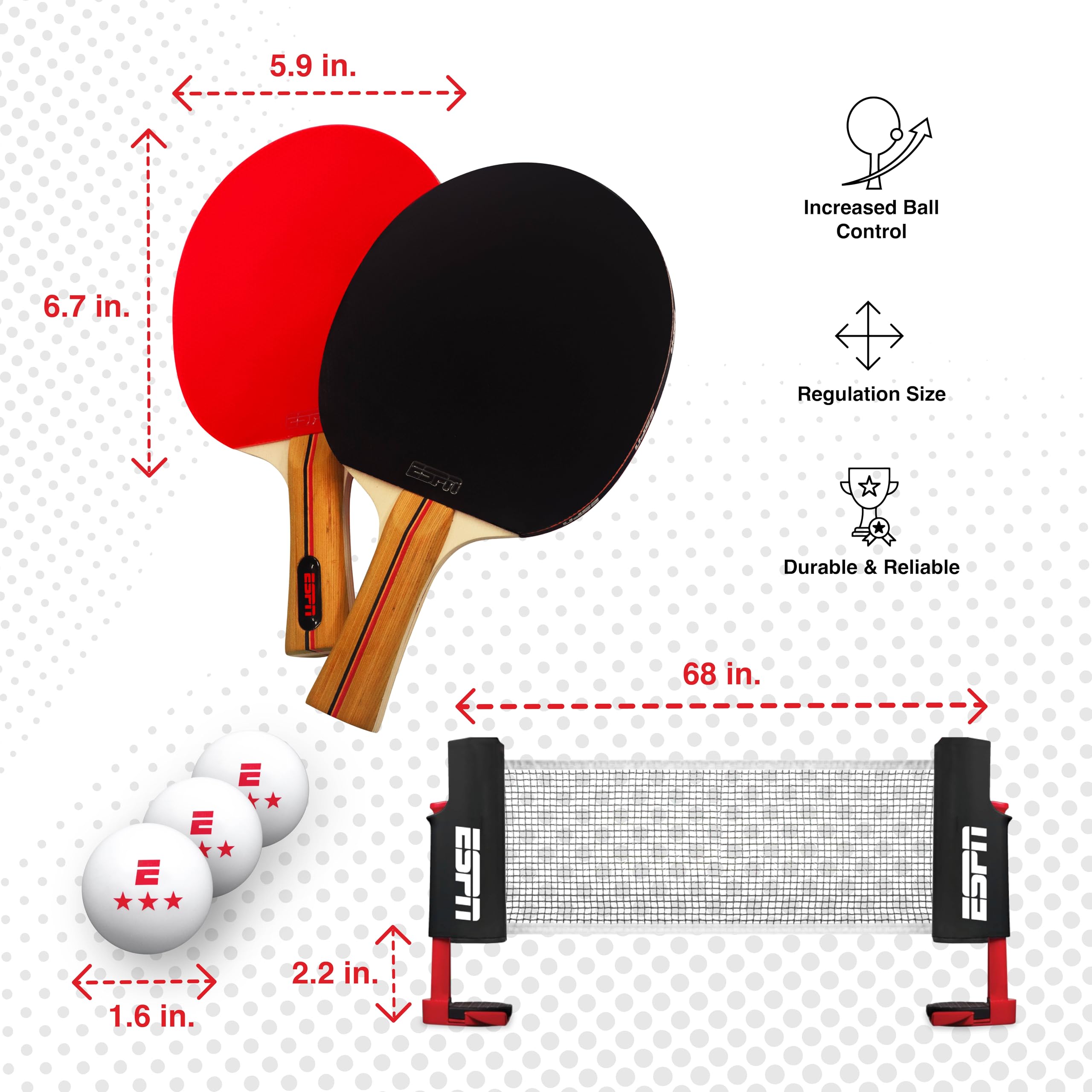 ESPN Tischtennis-Set enthält 3 Tischtennisbälle, 2 Tischtennisschläger, tragbares Tischtennisnetz und Reisetasche, Tischtennis; ideal für Kinderspiele, Familienspiele und Spieleabende