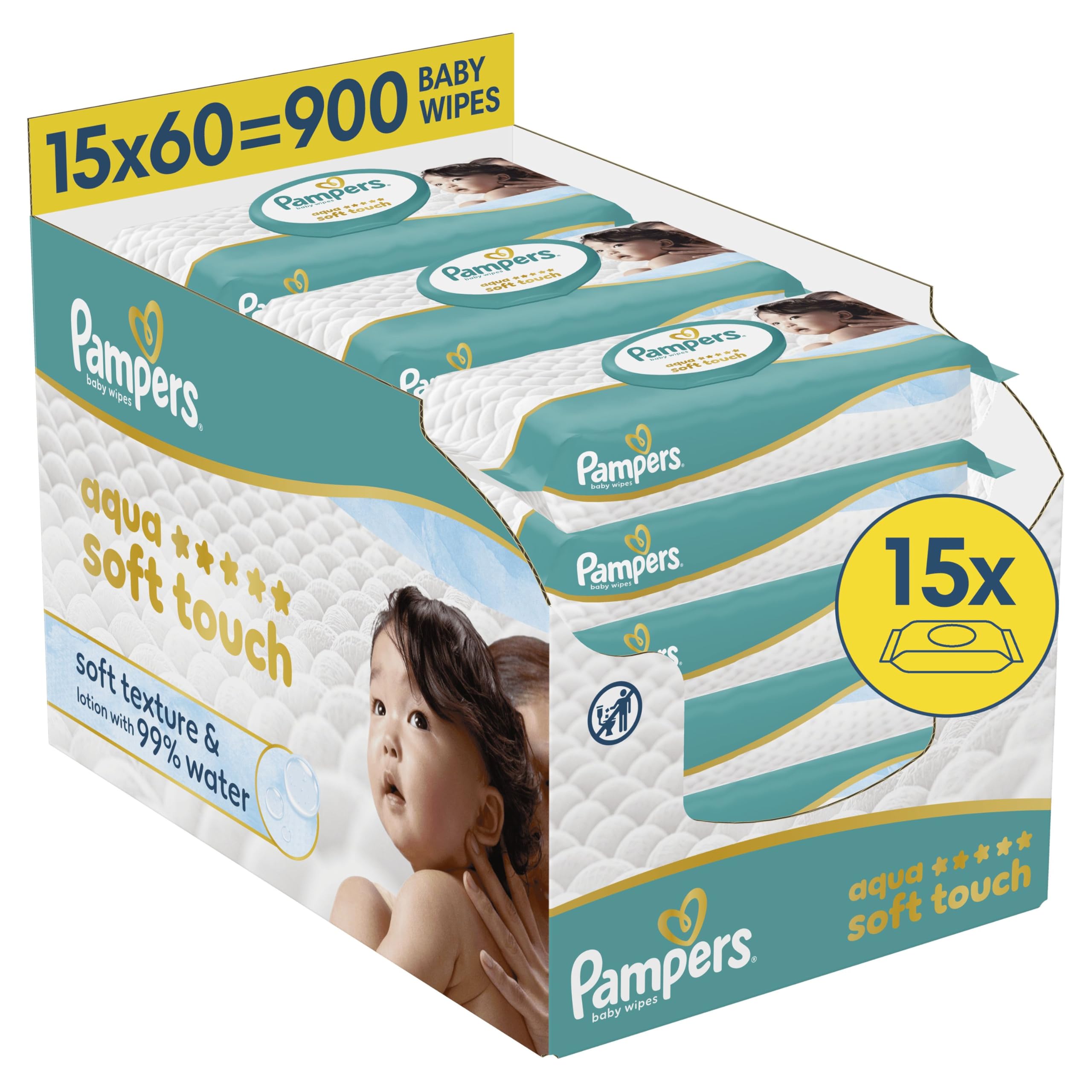 Pampers Aqua Soft Touch Lingettes Pour Bébé 15 Paquets De 60 Lingettes = 900 Lingettes Pour Bébé, Texture Douce & Lotion Avec 99% D’Eau - 2