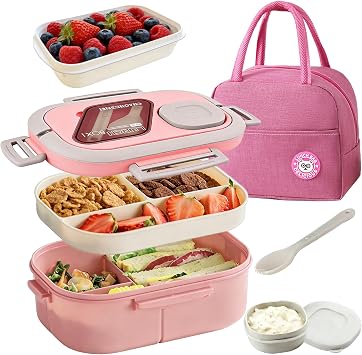 Bento Box Adult, Lunch Box For Women&Men With 2-Tier Containers, Lunch Bag, Utensil Set, Food Storage Container. Lunch Box With Containers, Salad Container. BPA-Free, Dishwasher Safe Pink