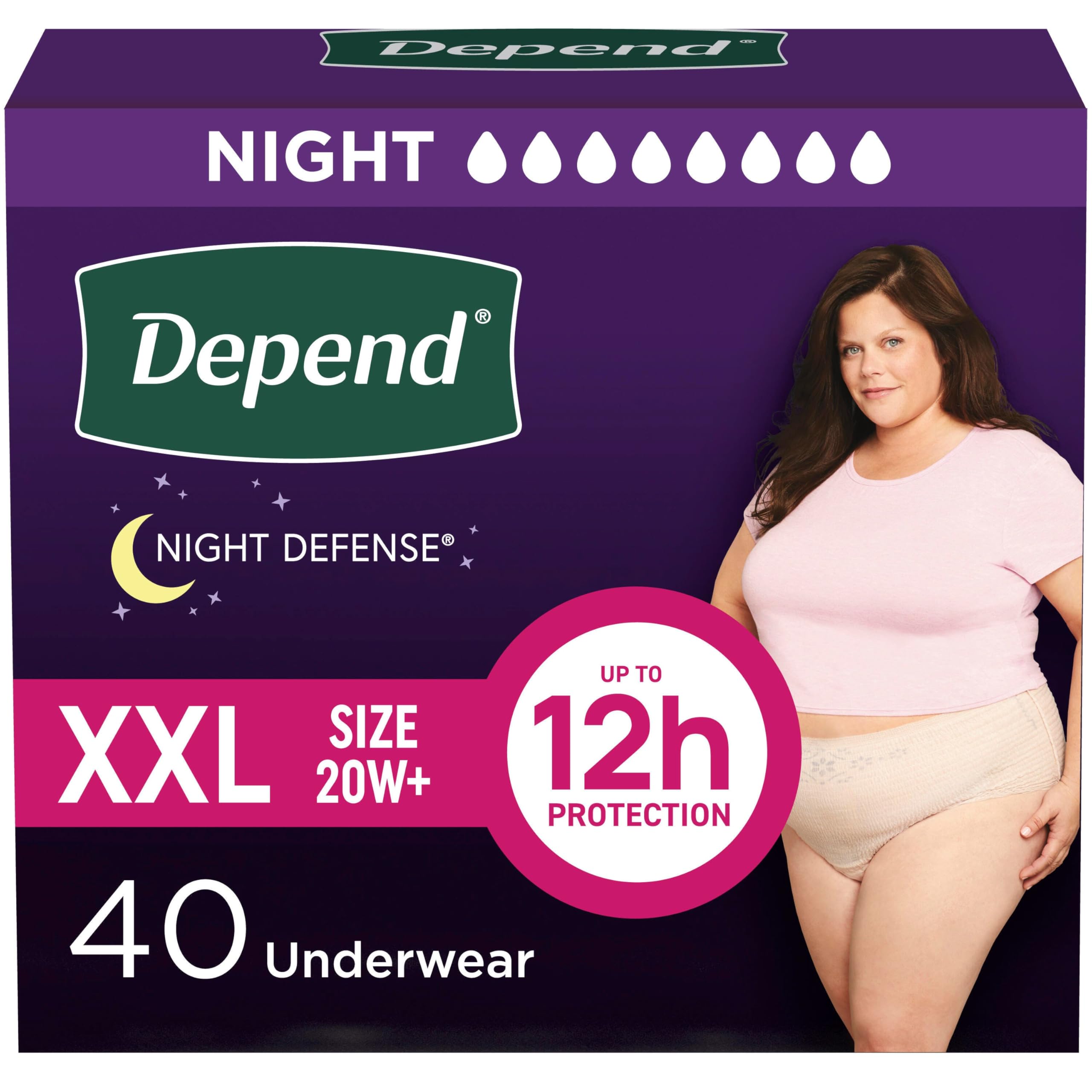 Night Defense Adult Diapers, Incontinence & Postpartum Bladder Leak Underwear for Women, Disposable, Overnight, Extra-Extra-Large, Blush, 40 Count (4 Packs of 10), Packaging May Vary