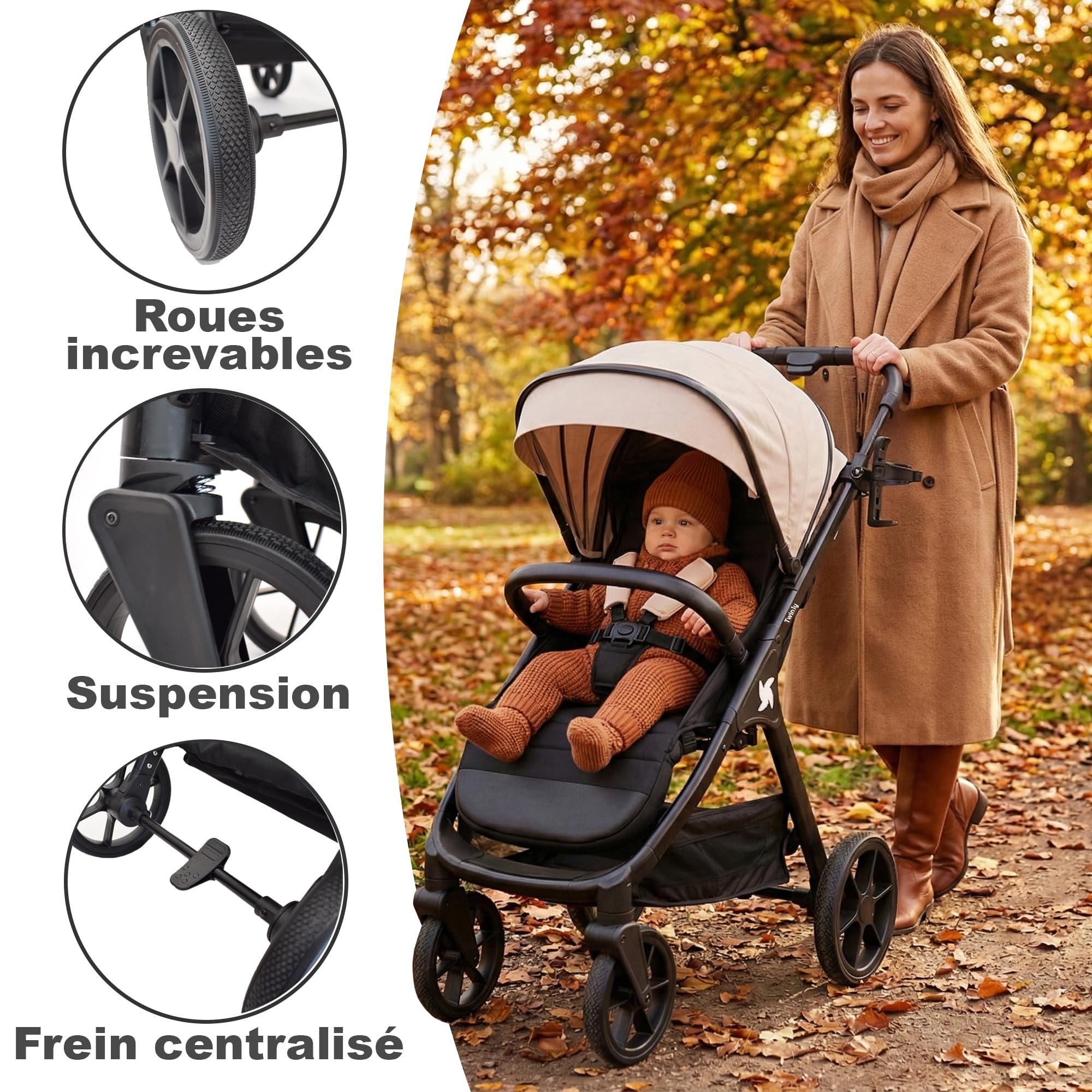 Poussette Canne Compacte et Légère jusqu'à 25kg Dès la Naissance Siège Large Capote XXL UPF-50 Pliage d'une Main Grandes Roues Noir