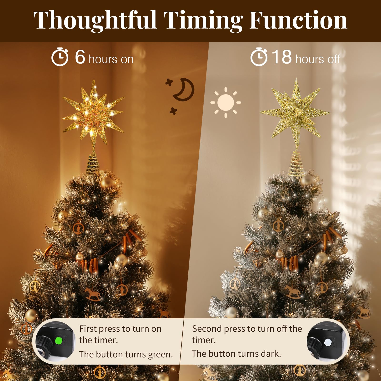 Lewondr Estrella para Árbol de Navidad, 11" Enchufable y Control Remoto Estrella de Copa Geométrica 3D Iluminada para Decoración Navideña, Función Temporizador y Cable 5m, Luz Cálida, Oro