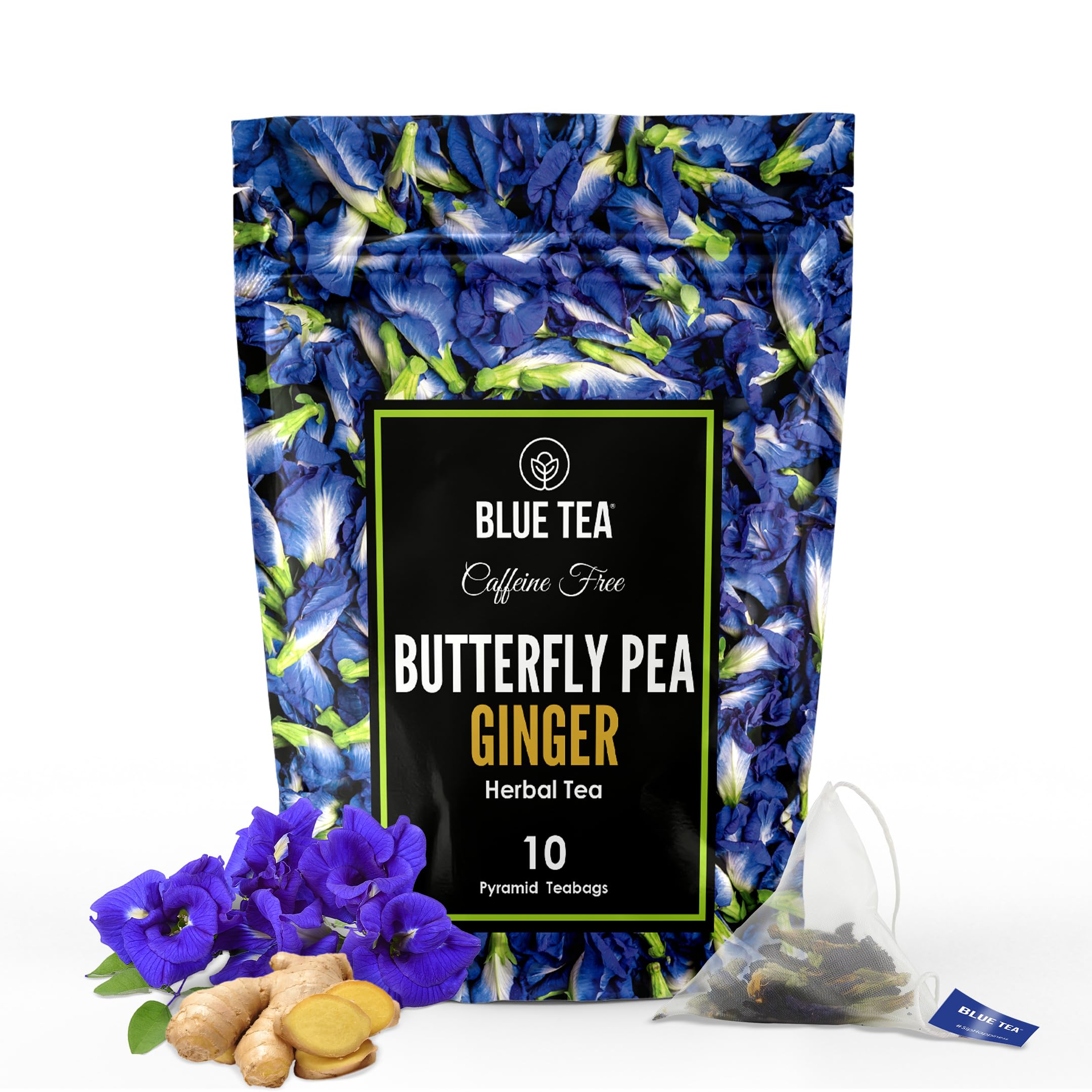 BLUE TEA - Butterfly Pea Flower Tea - Ginger - 10 Count - Pyramid Plant Based Tea Bag | CHRISTMAS GIFTS | ANTIOXIDANT RICH | Herbal Tea - Caffeine Free - Detox Tea - Flower Based - Vegan - Non-GMO - Non-Bitter | Ziplock Pack