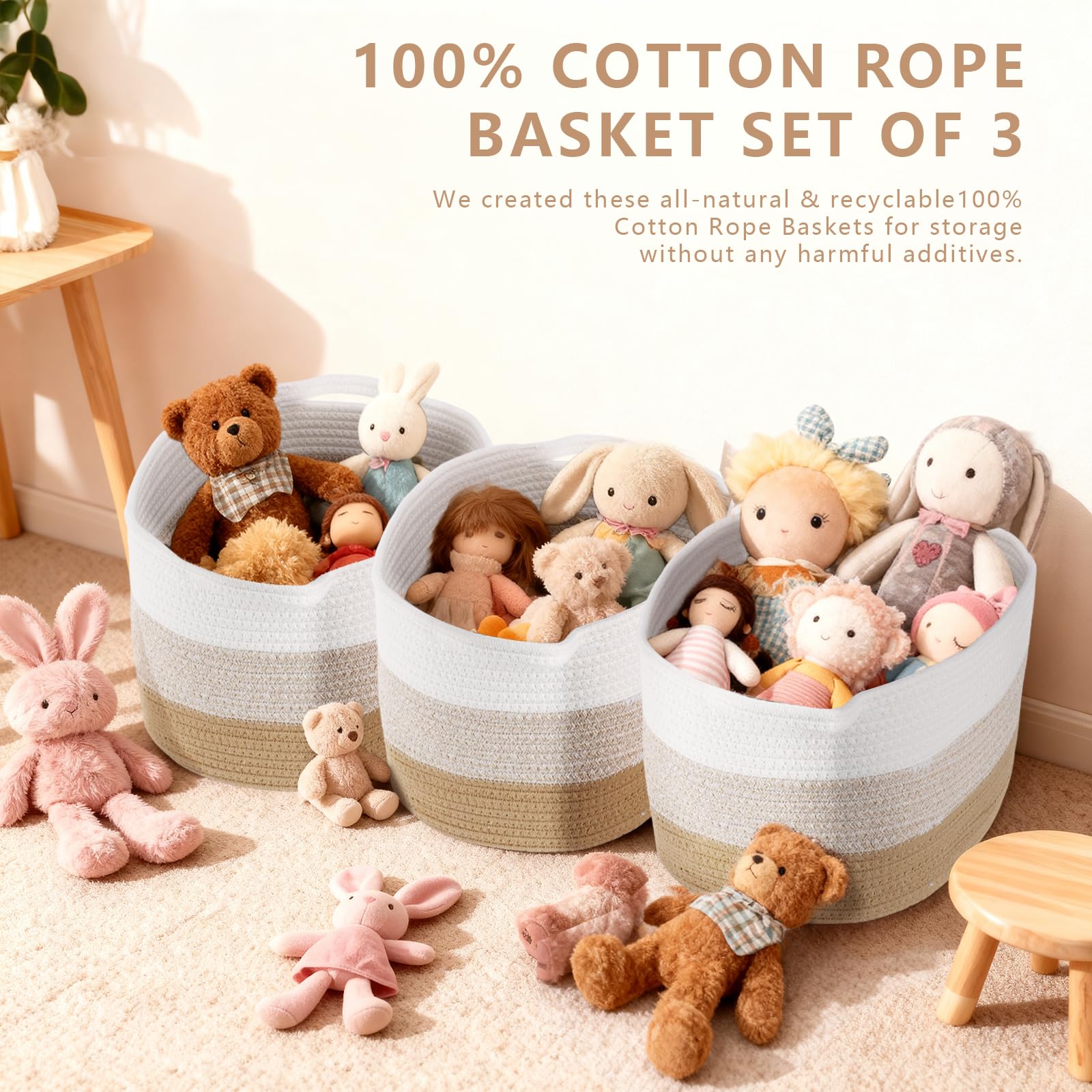 Baumwolle Seil Aufbewahrungskorb 3-teiliges Set (Weiß Braun) Baby Geschenkkorb, Kinderspielzeug Aufbewahrungskorb, Kinderwäsche Korb, Regalkorb