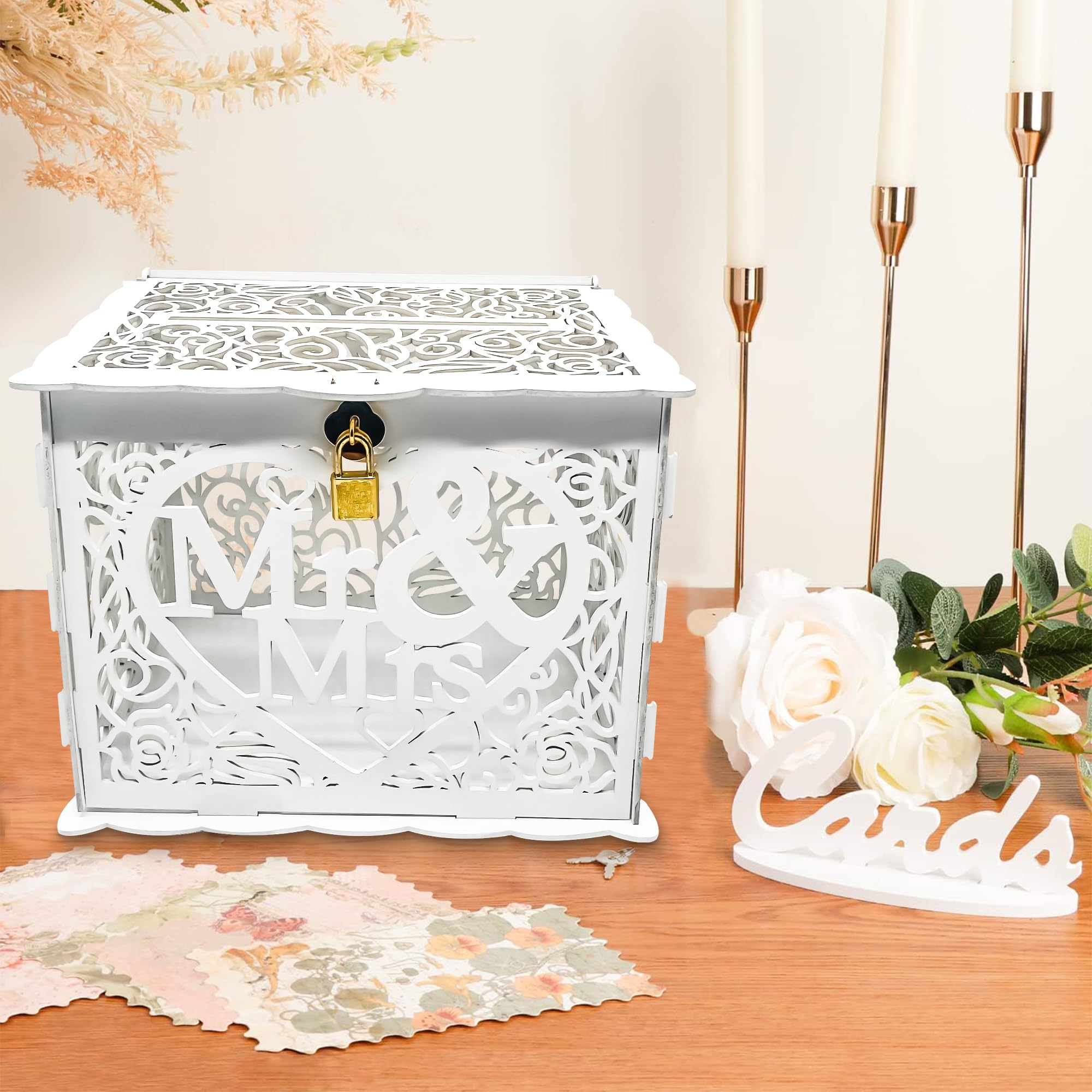 Scatola per carte regalo per matrimonio, vintage, grande, in legno, per carte di credito, denaro, con fessura per matrimonio, compleanno, bianco (bianco)