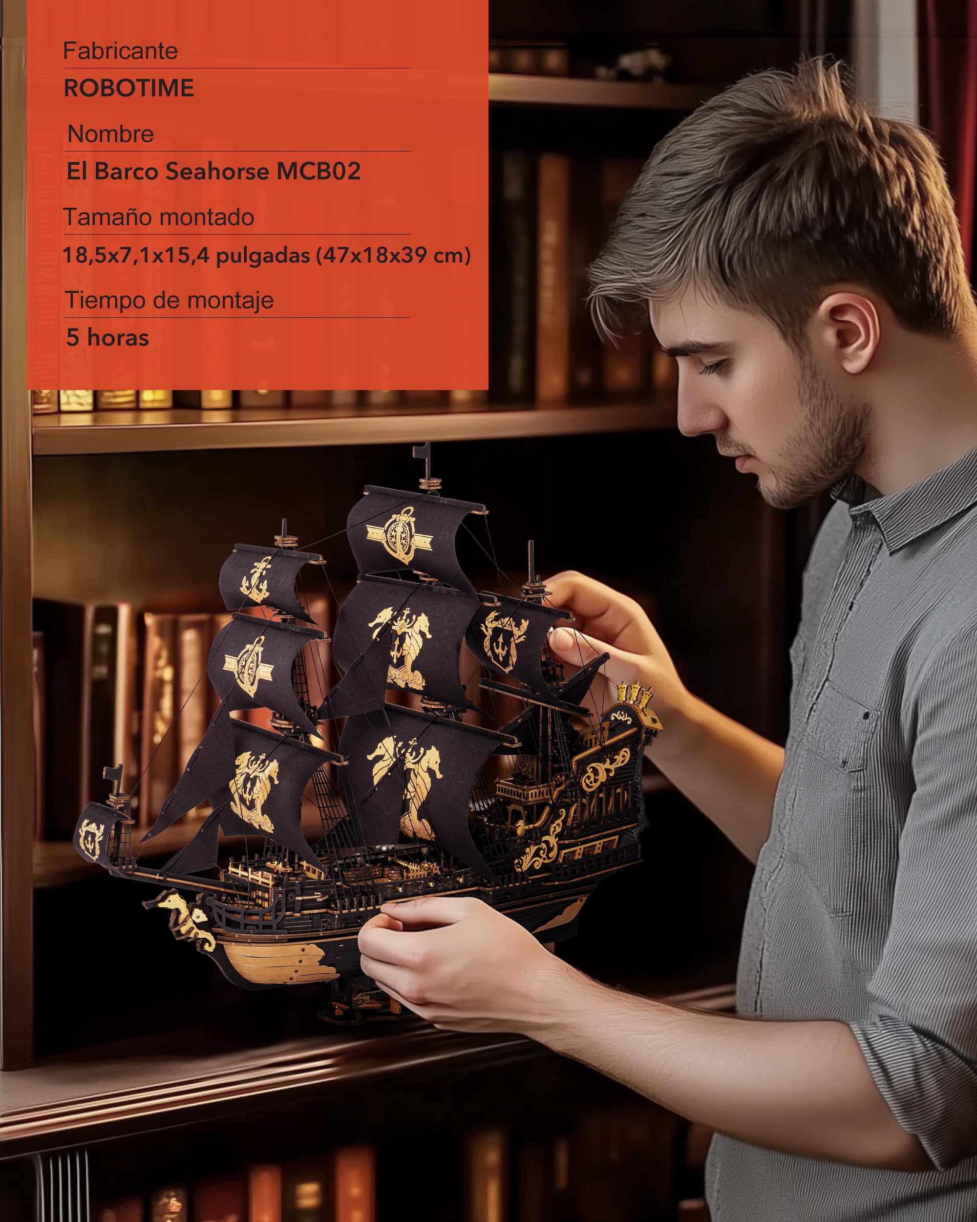 ROBOTIME Puzzle 3D Madera Barco, Maquetas de Barcos para Montar Adultos, Maquetas Veleros para Construir Niños, Escala 1:100 Seahorse Barque MCB02