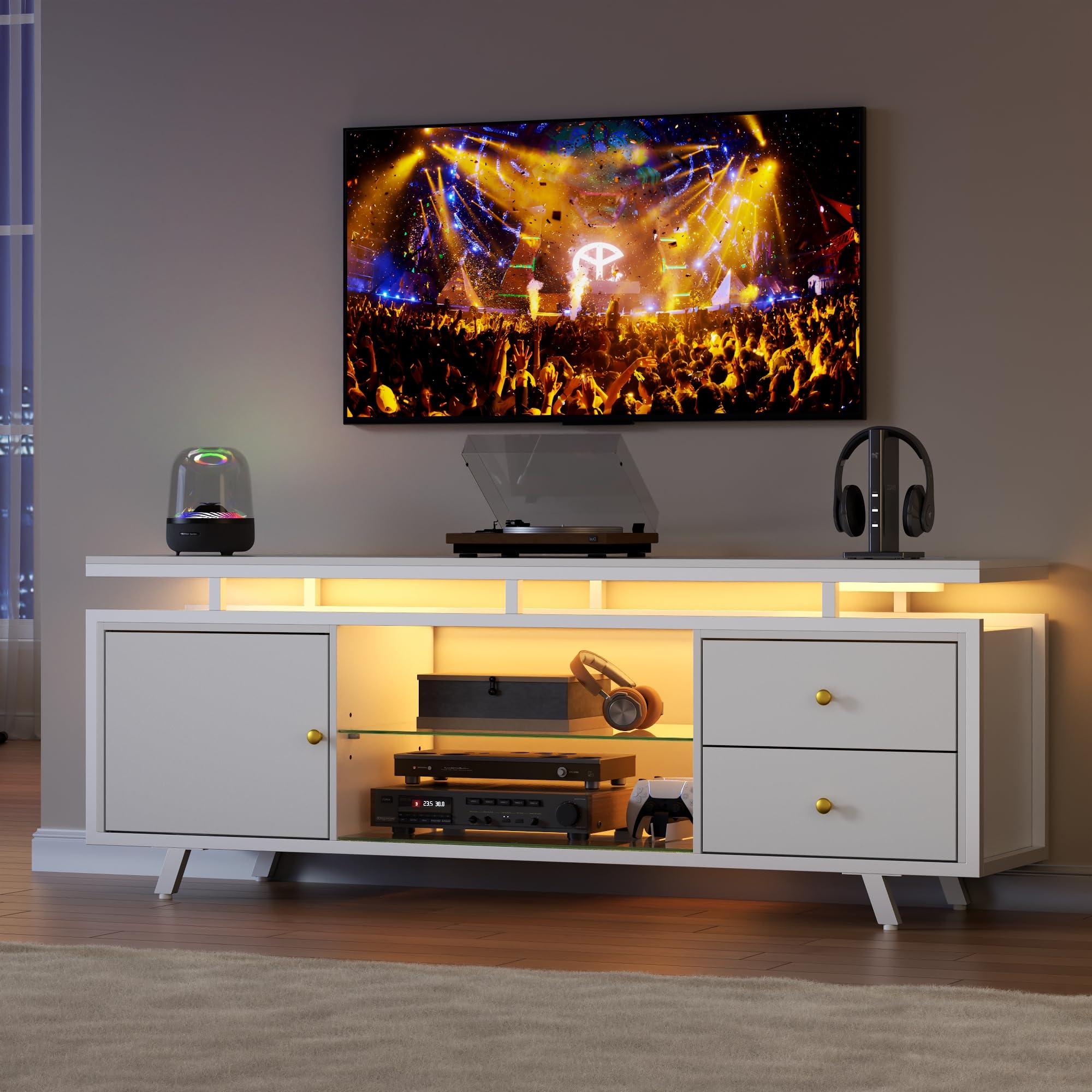 Gyfimoie TV Stand for 65 Inch TV, LED Light Entertainment Center with Power Outlet and Storage Drawers & Cabinets, Modern Wood Media TV Console with Glass Shelves for Living Room Bedroom (White) — image 1