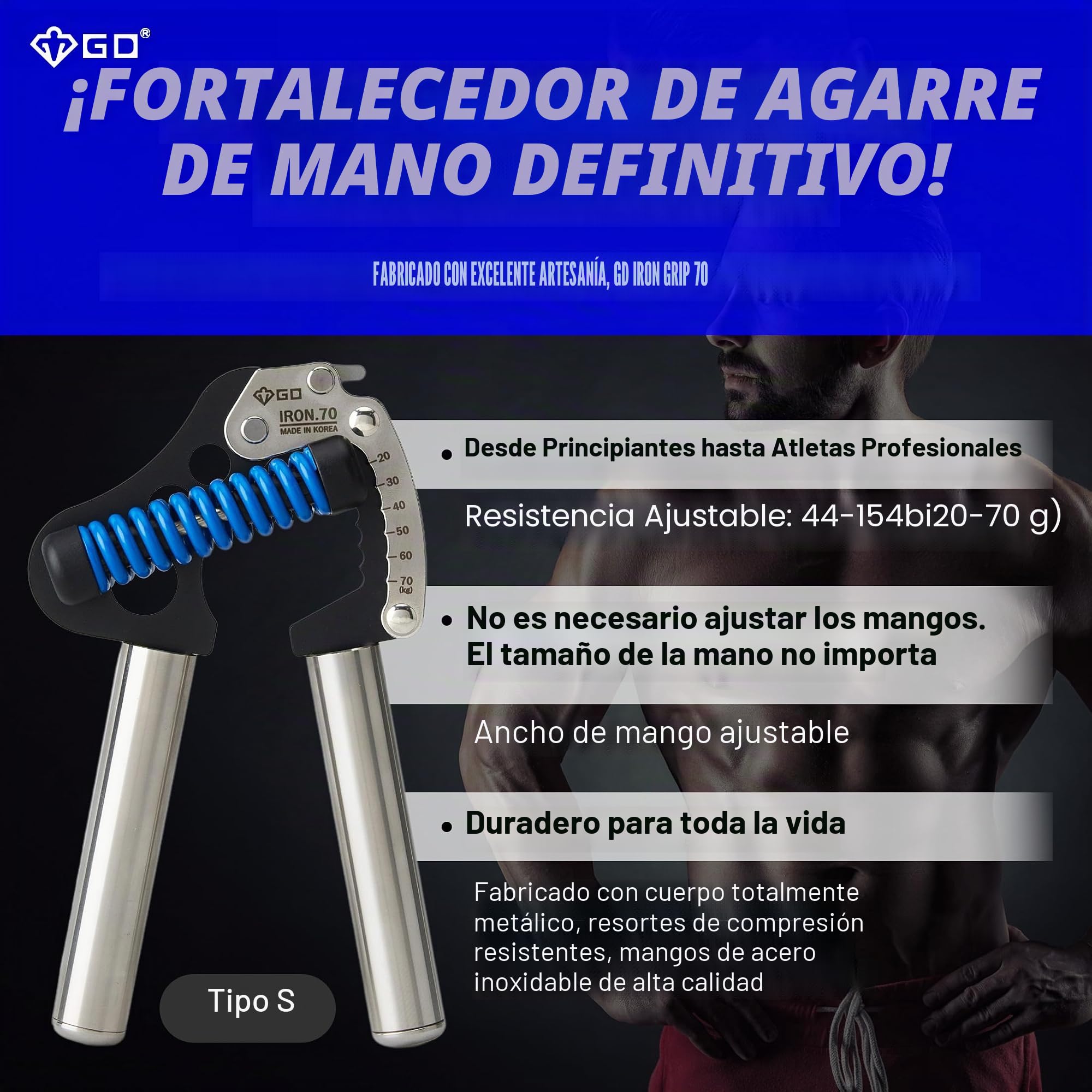 GD Iron Grip 70 - Fortalecedor de mano (agarre de mano ajustable) Entrenador de fuerza de muñeca y antebrazo